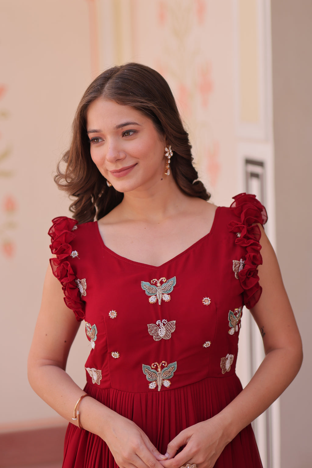 Women’s Maroon Georgette Gown – Elegant Designer Party Wear