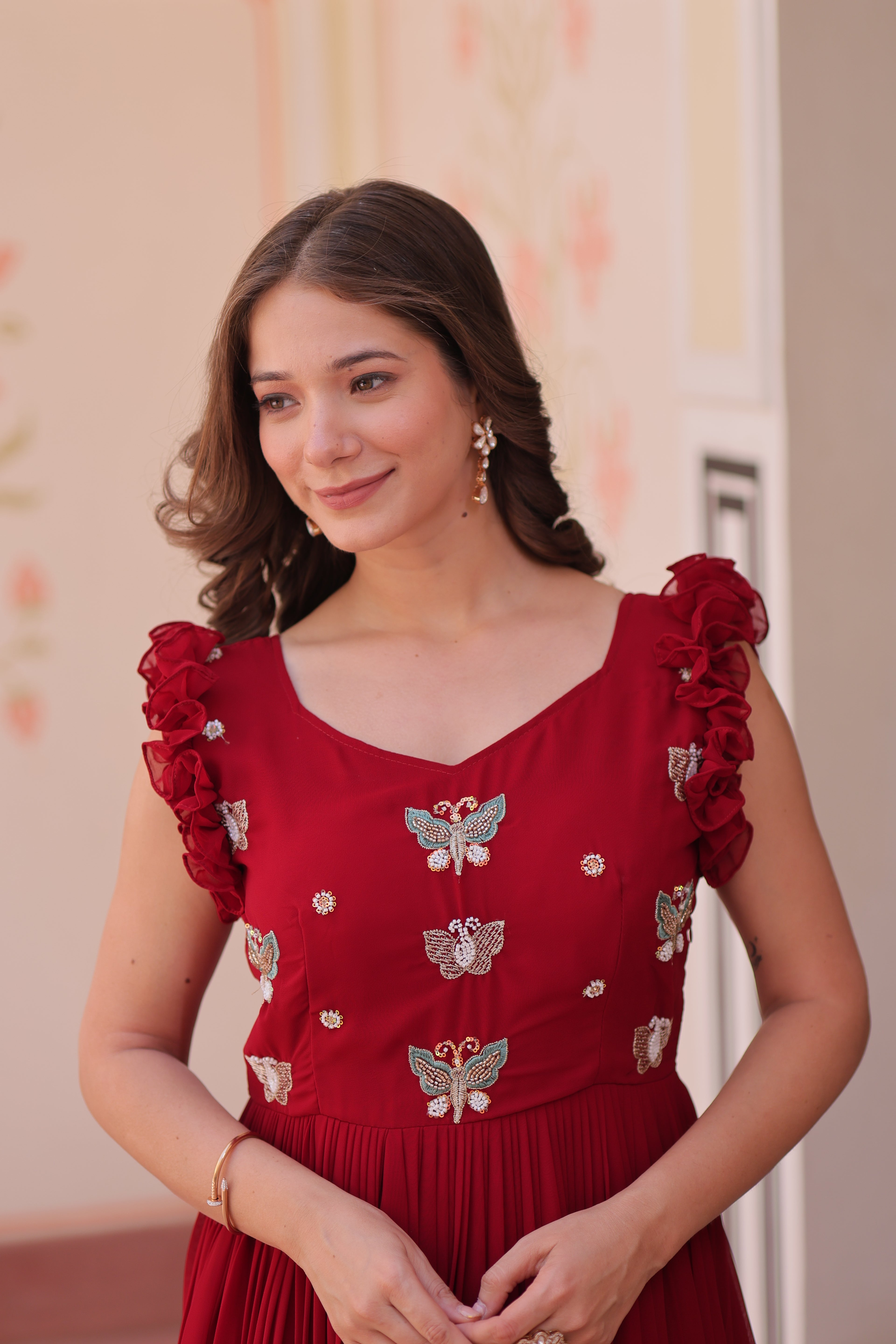 Women’s Maroon Georgette Gown – Elegant Designer Party Wear