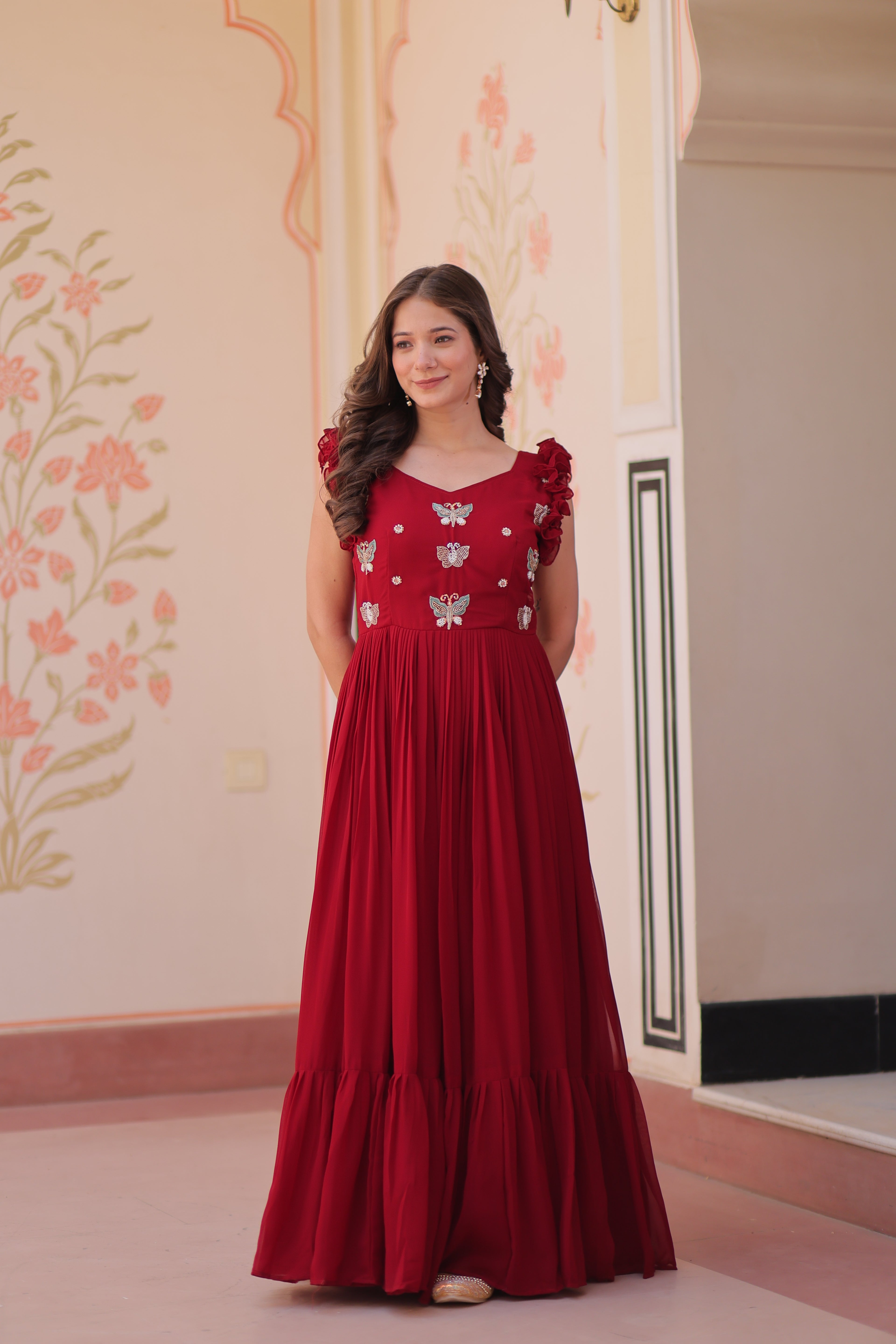 Women’s Maroon Georgette Gown – Elegant Designer Party Wear