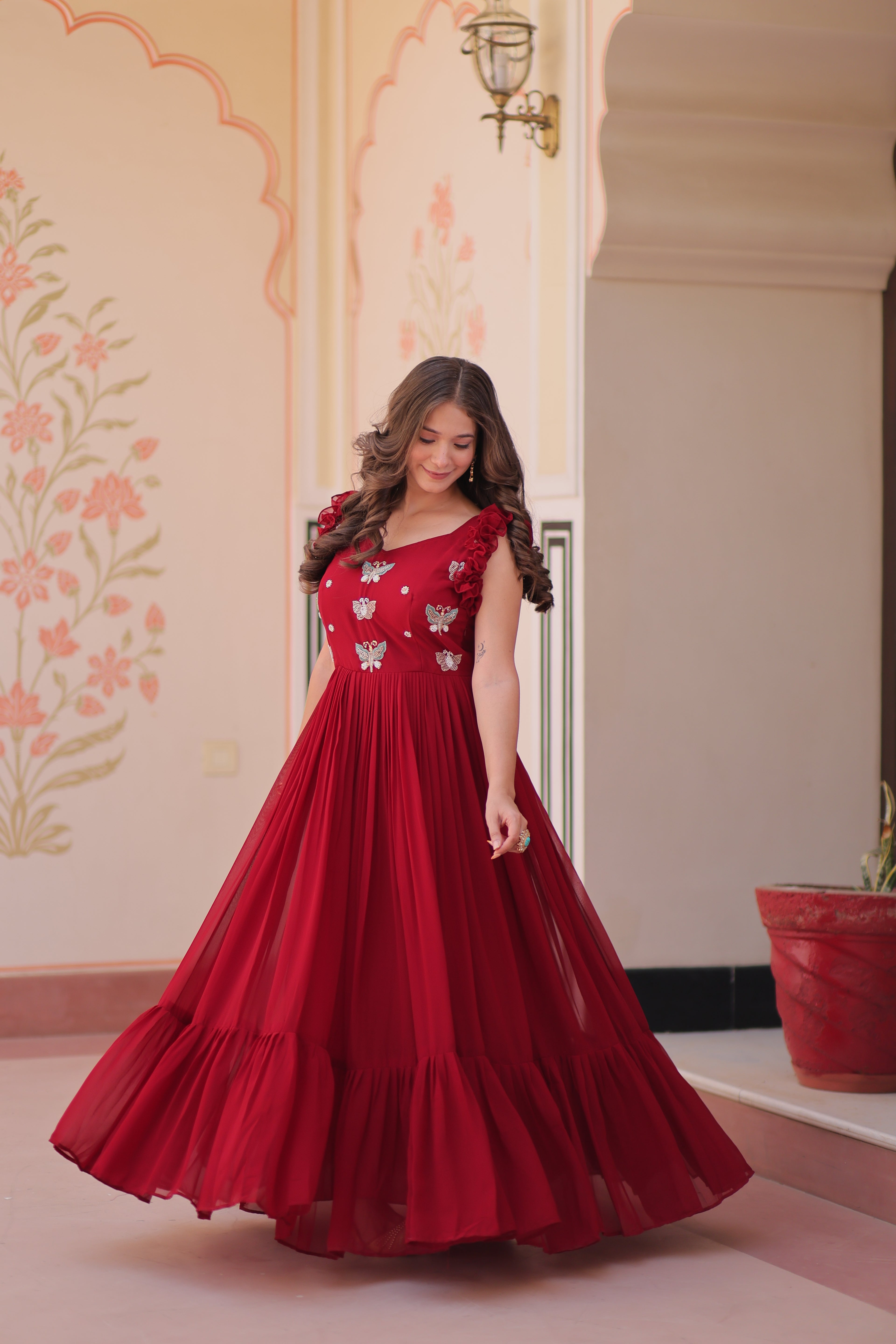 Women’s Maroon Georgette Gown – Elegant Designer Party Wear