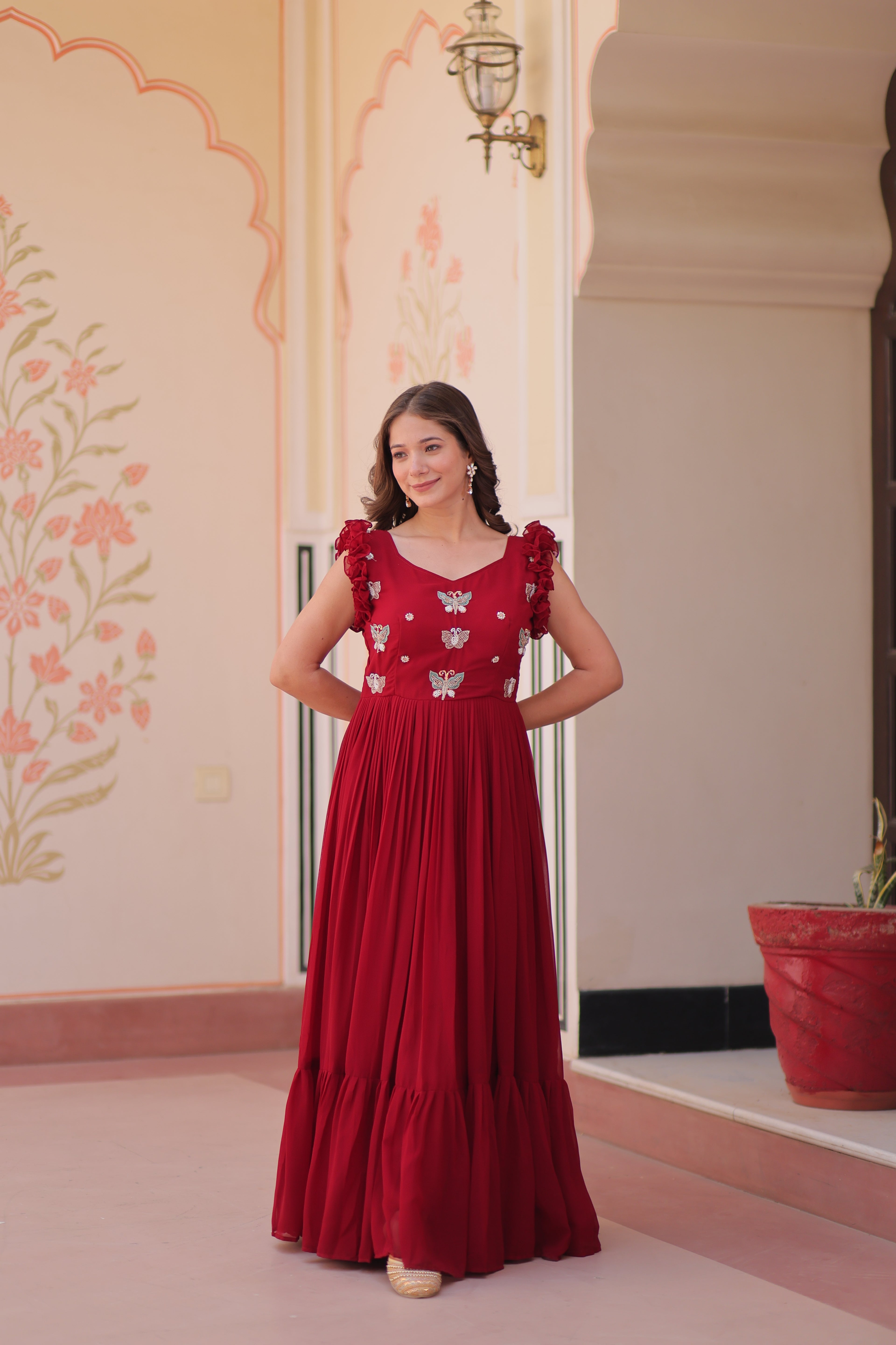 Women’s Maroon Georgette Gown – Elegant Designer Party Wear