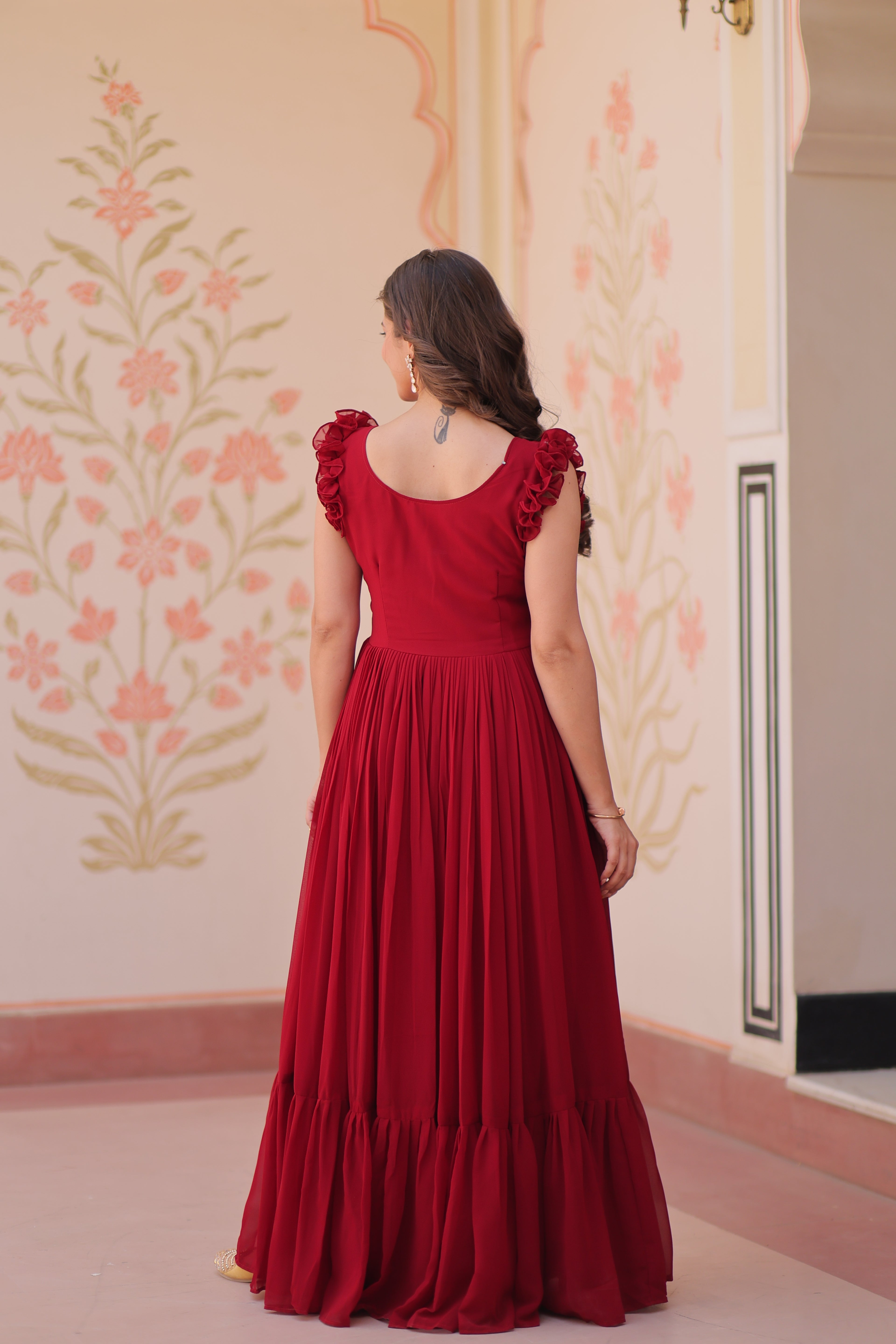 Women’s Maroon Georgette Gown – Elegant Designer Party Wear