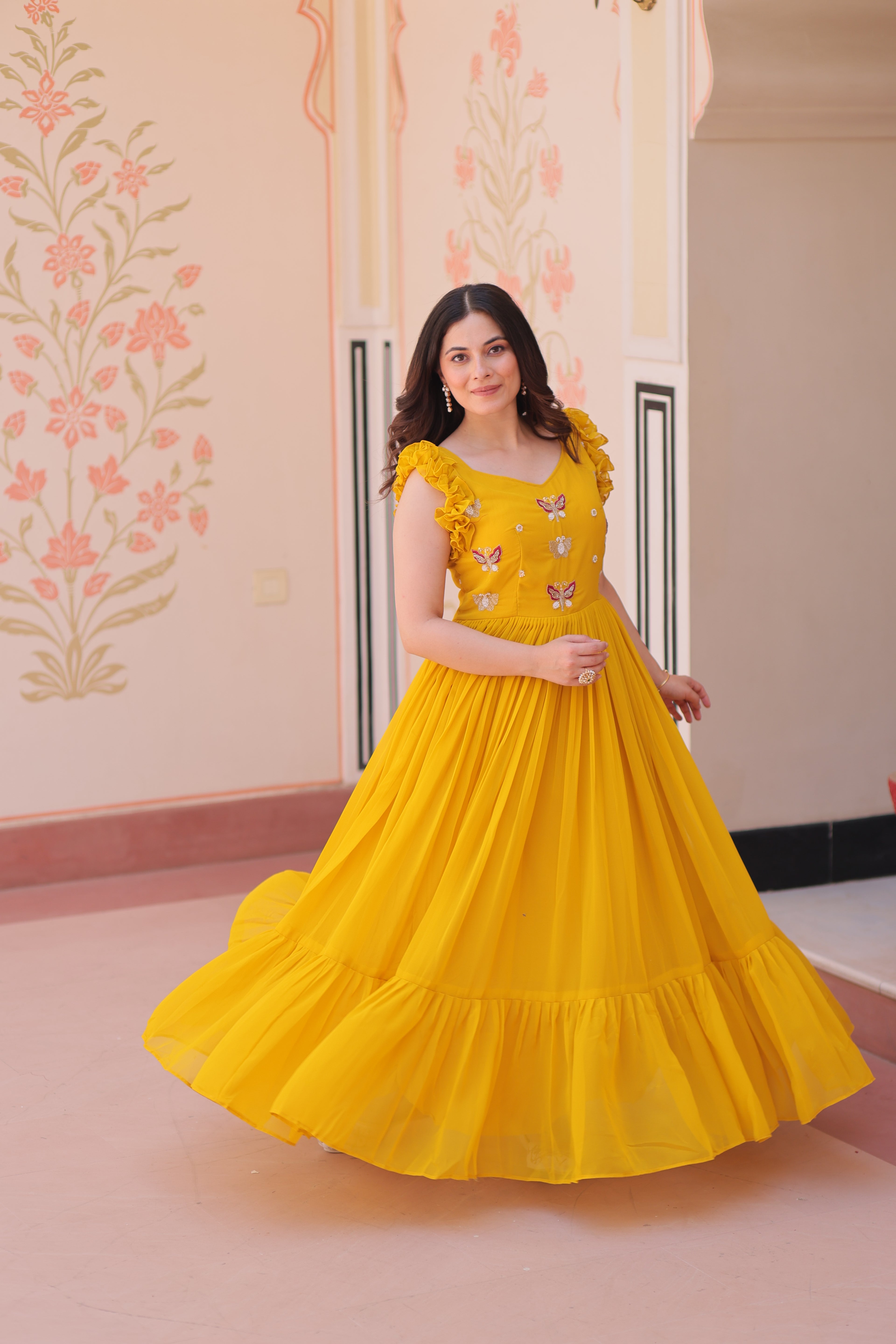 Women’s Yellow Georgette Gown – Elegant Designer Party Wear