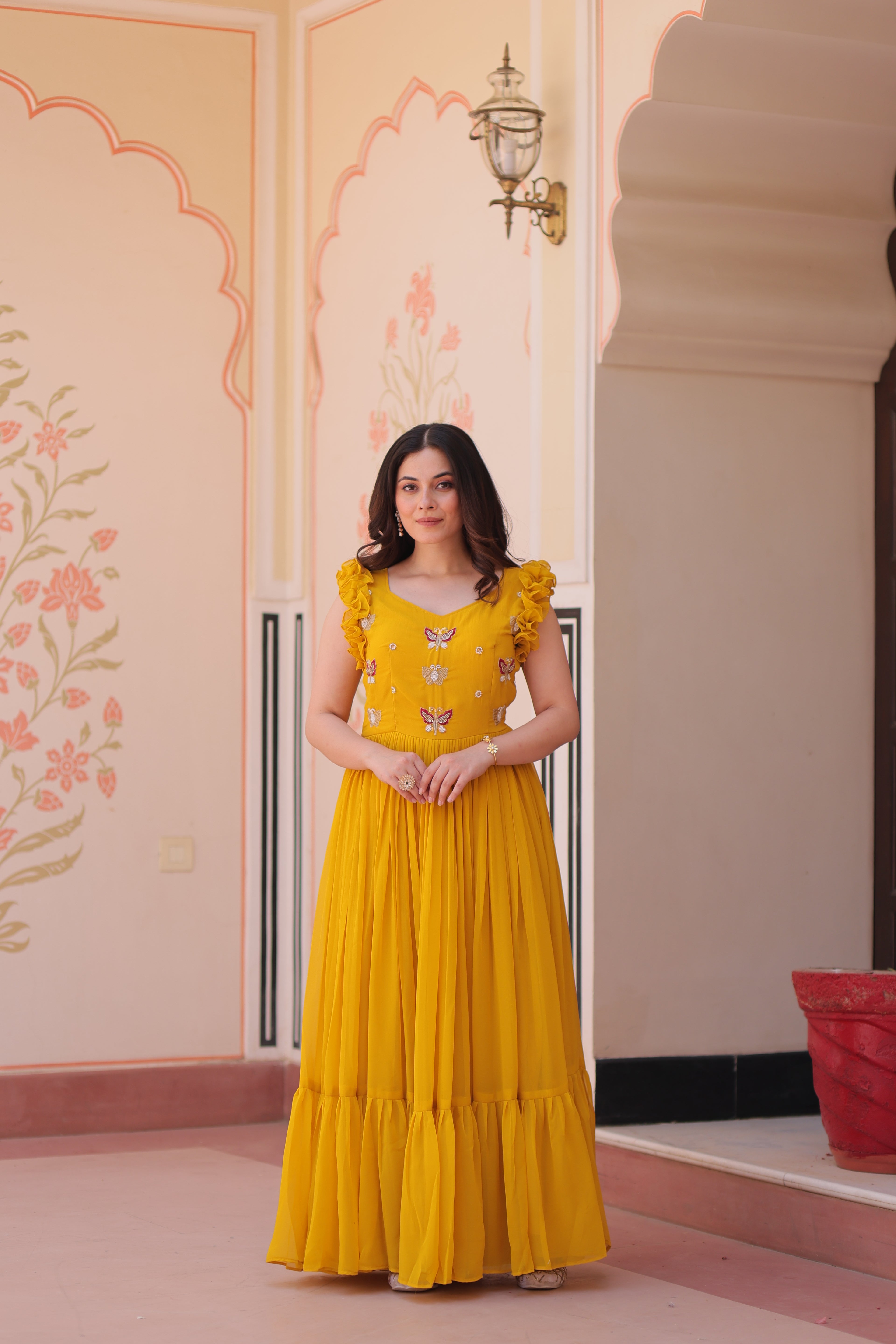 Women’s Yellow Georgette Gown – Elegant Designer Party Wear