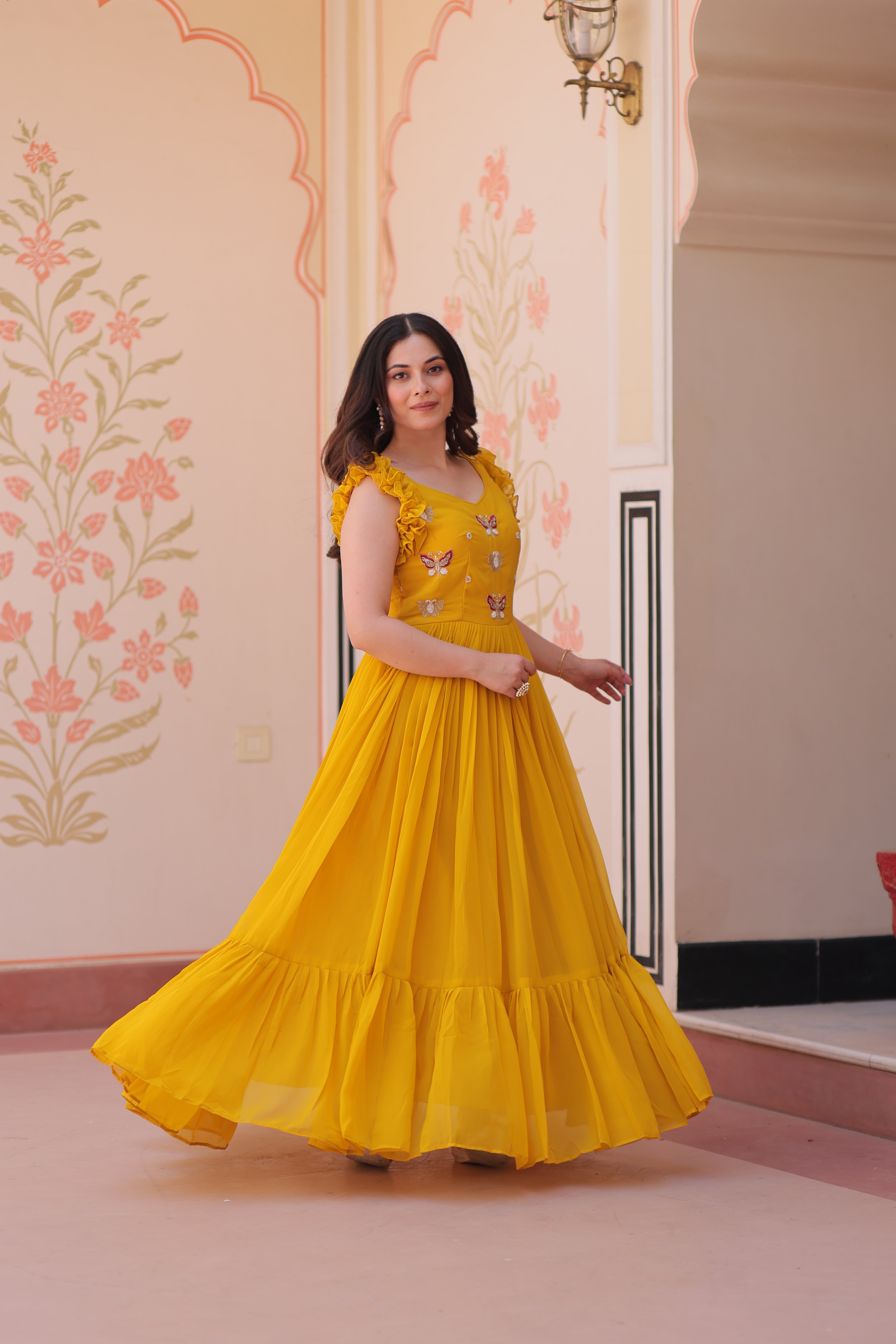 Women’s Yellow Georgette Gown – Elegant Designer Party Wear