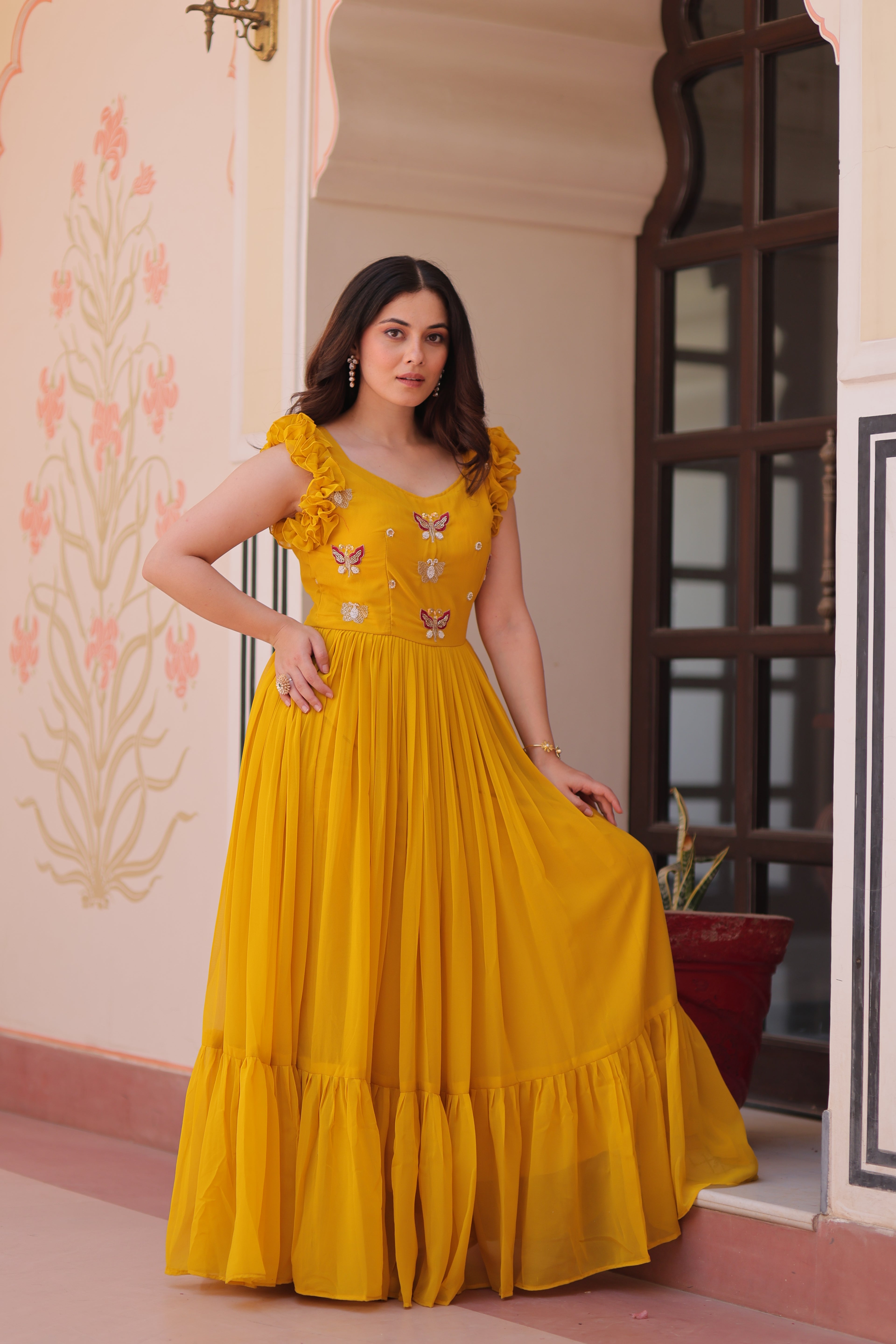 Women’s Yellow Georgette Gown – Elegant Designer Party Wear