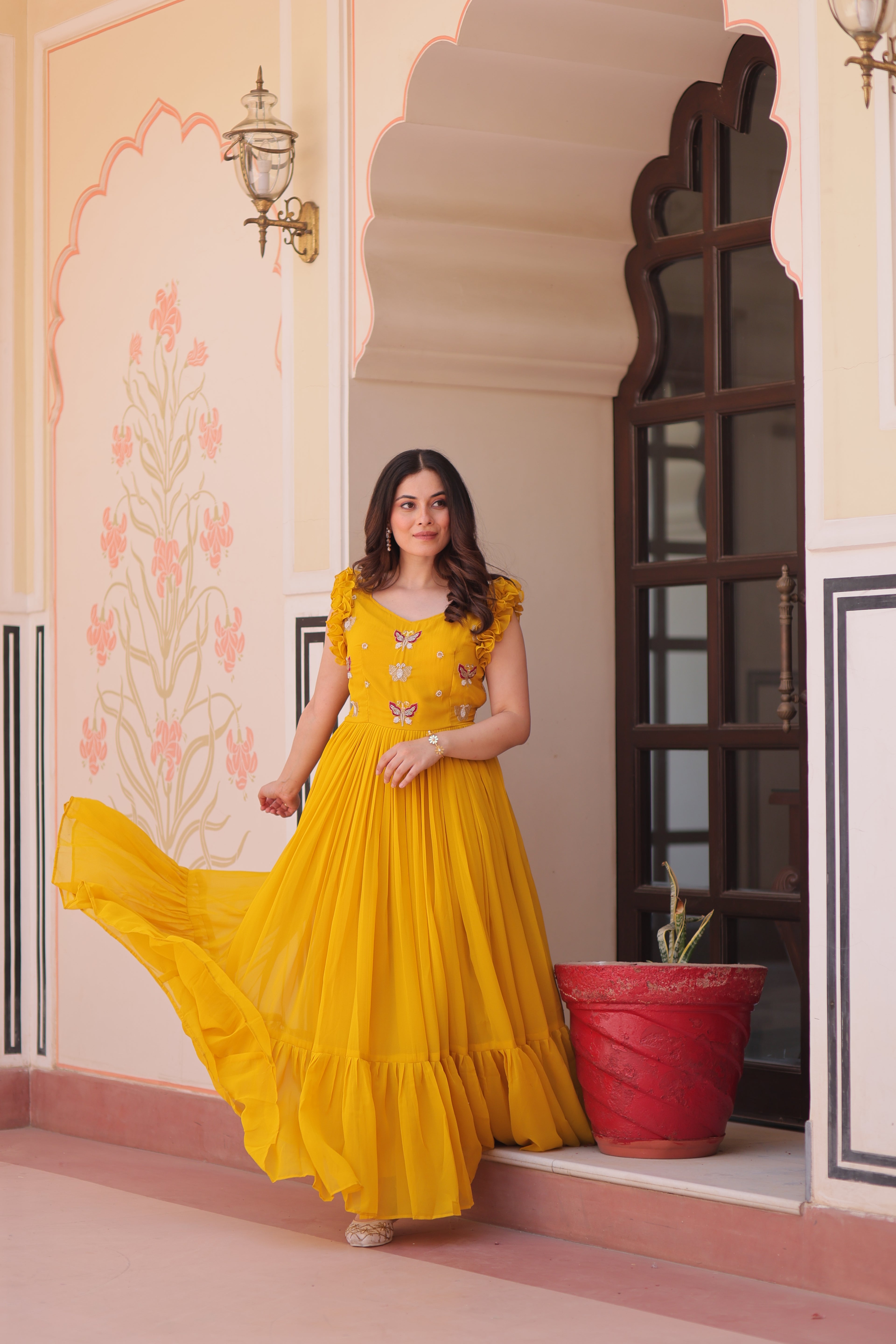 Women’s Yellow Georgette Gown – Elegant Designer Party Wear