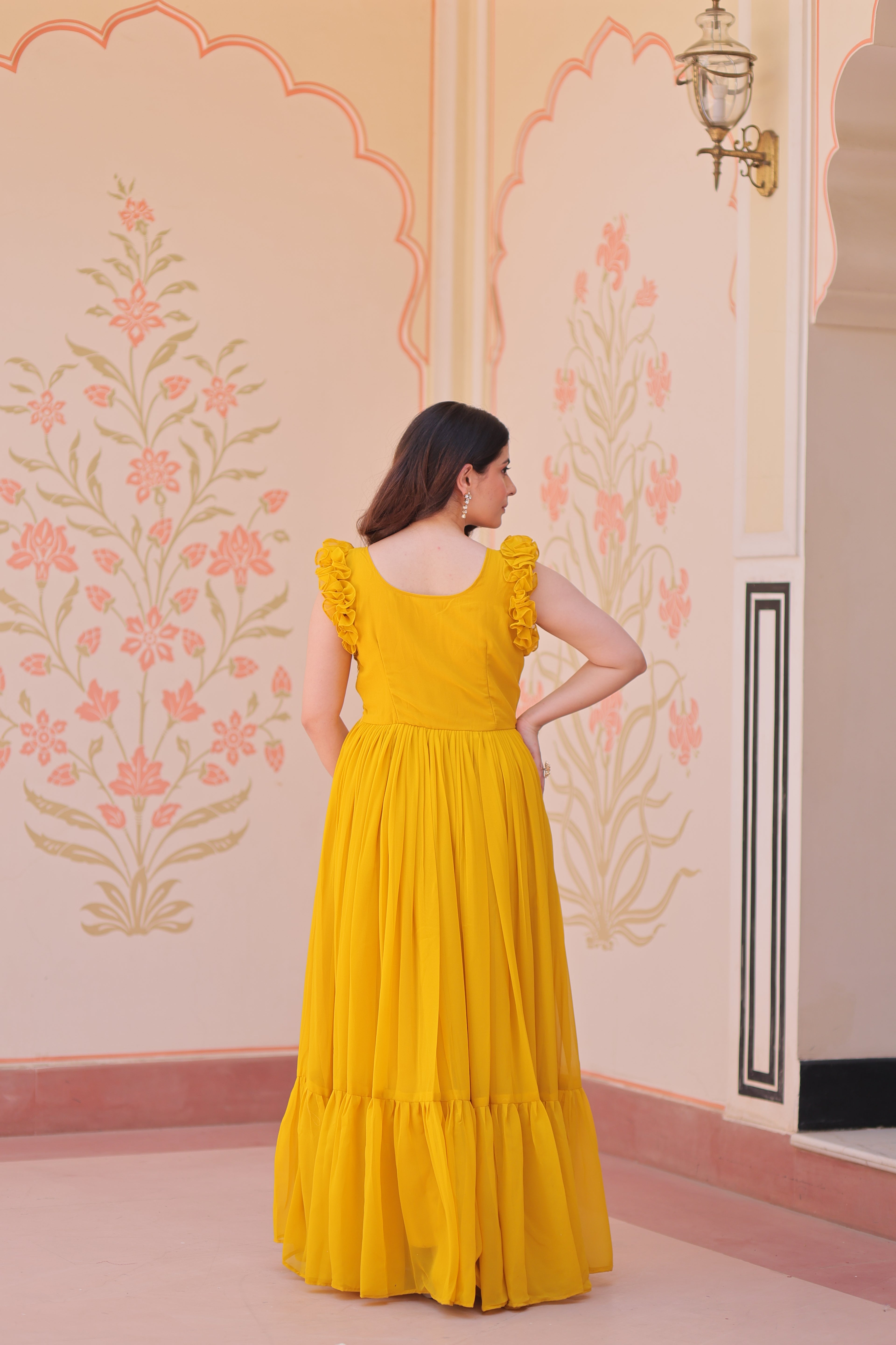 Women’s Yellow Georgette Gown – Elegant Designer Party Wear