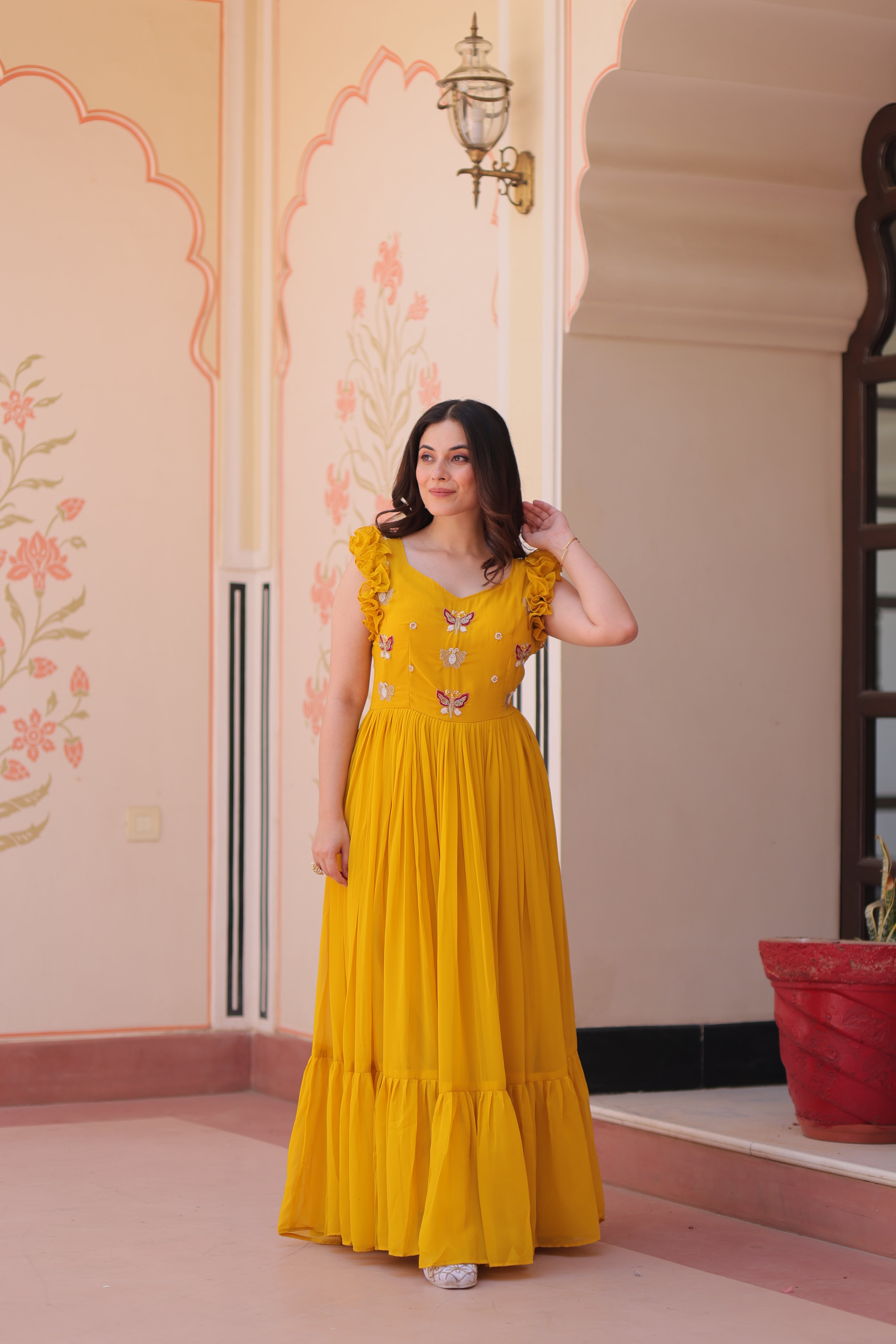 Women’s Yellow Georgette Gown – Elegant Designer Party Wear