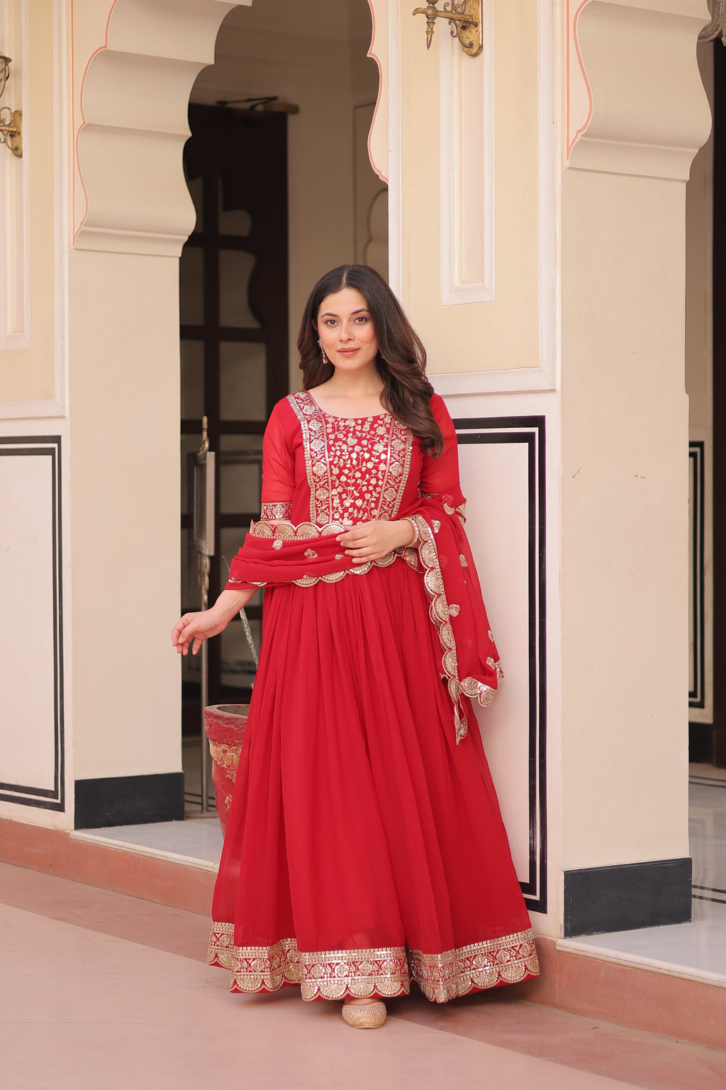 Women’s Red Georgette Gown – Elegant Designer Party Wear