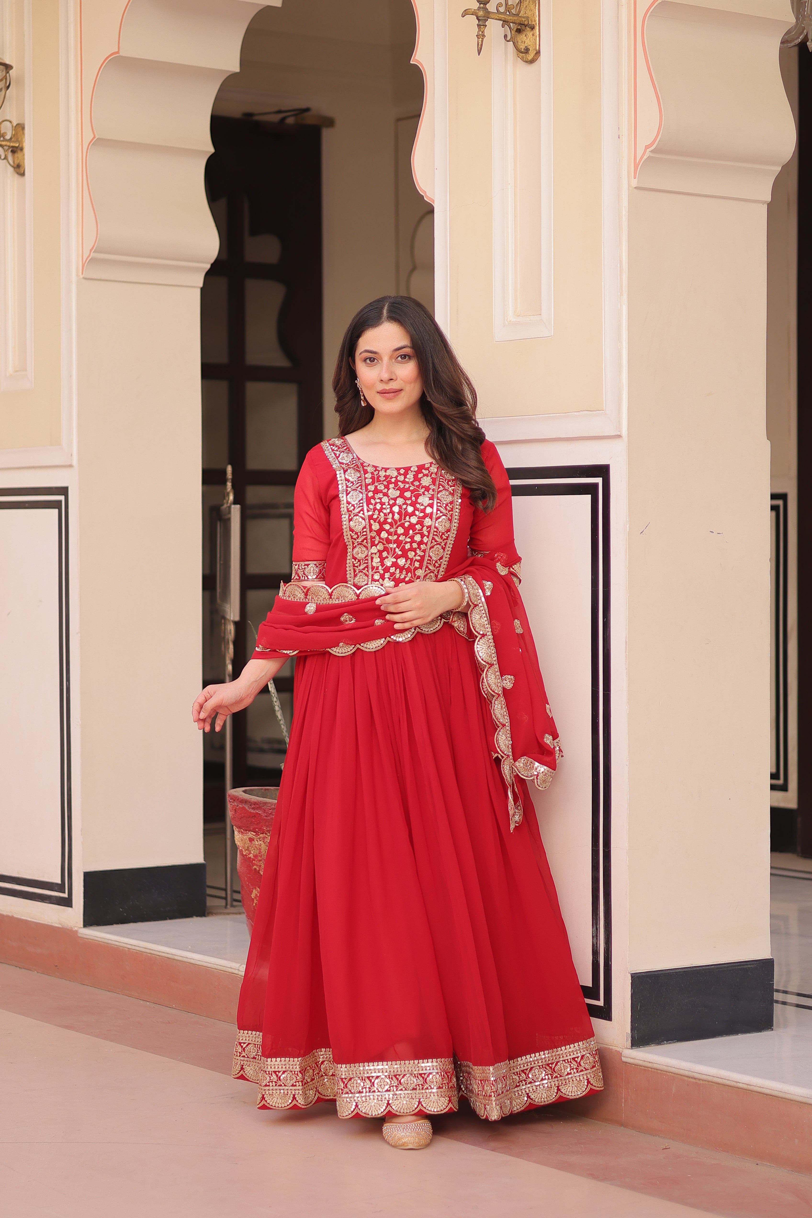 Women’s Red Georgette Gown – Elegant Designer Party Wear