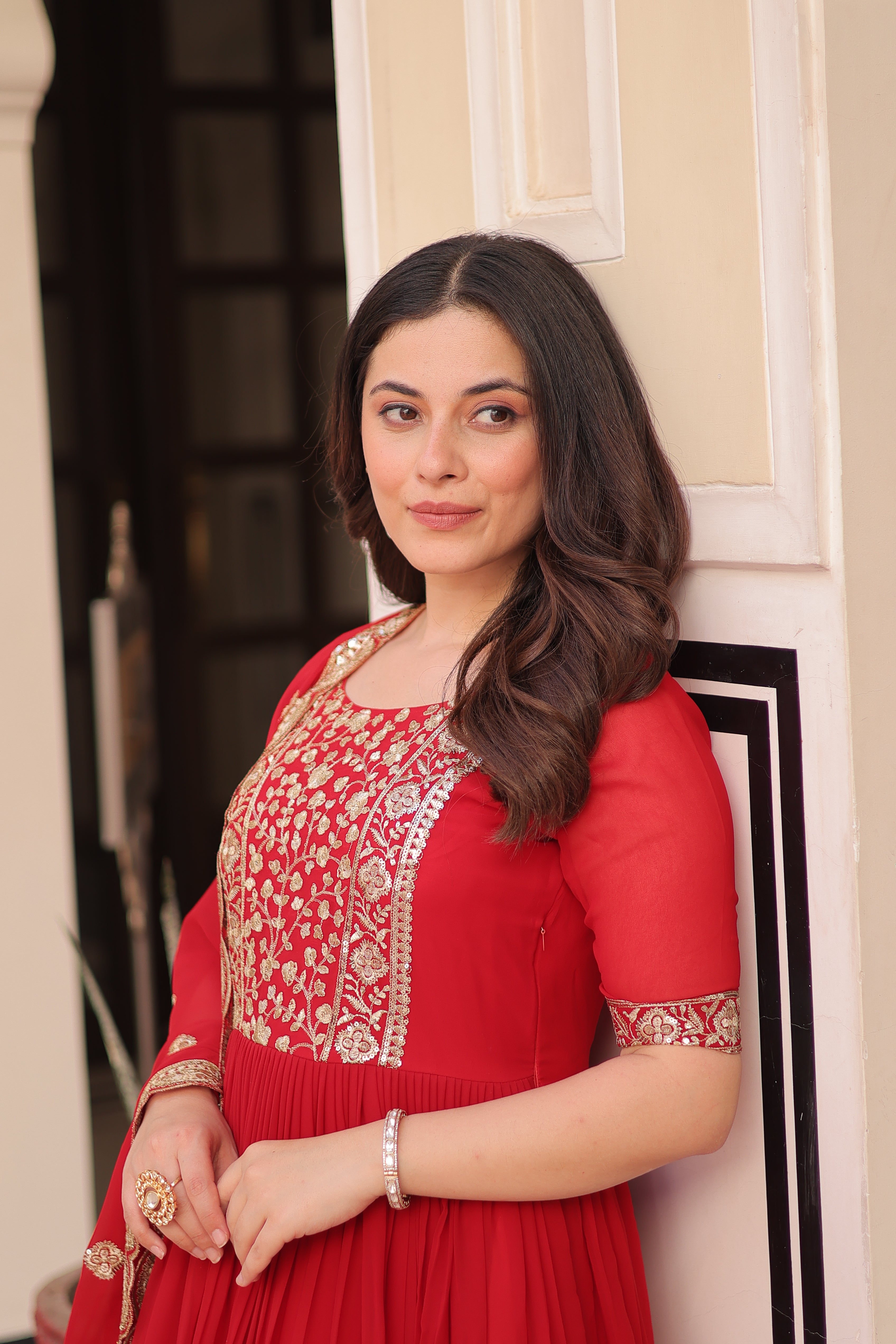 Women’s Red Georgette Gown – Elegant Designer Party Wear
