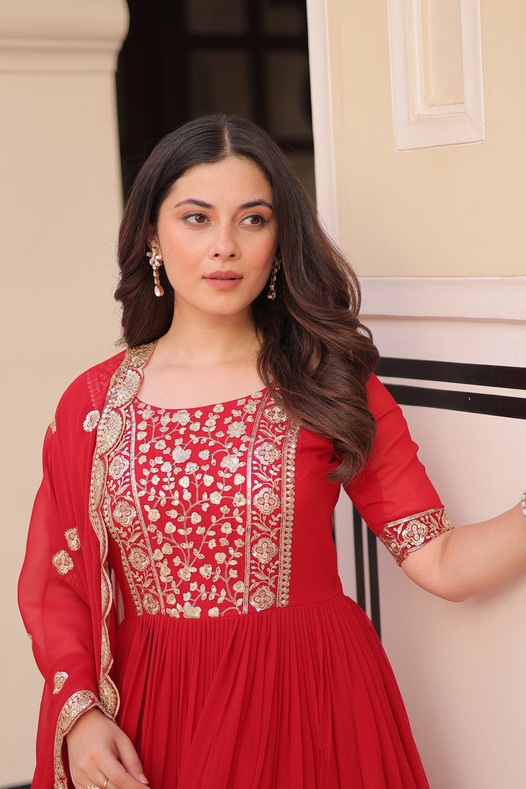 Women’s Red Georgette Gown – Elegant Designer Party Wear