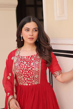 Women’s Red Georgette Gown – Elegant Designer Party Wear