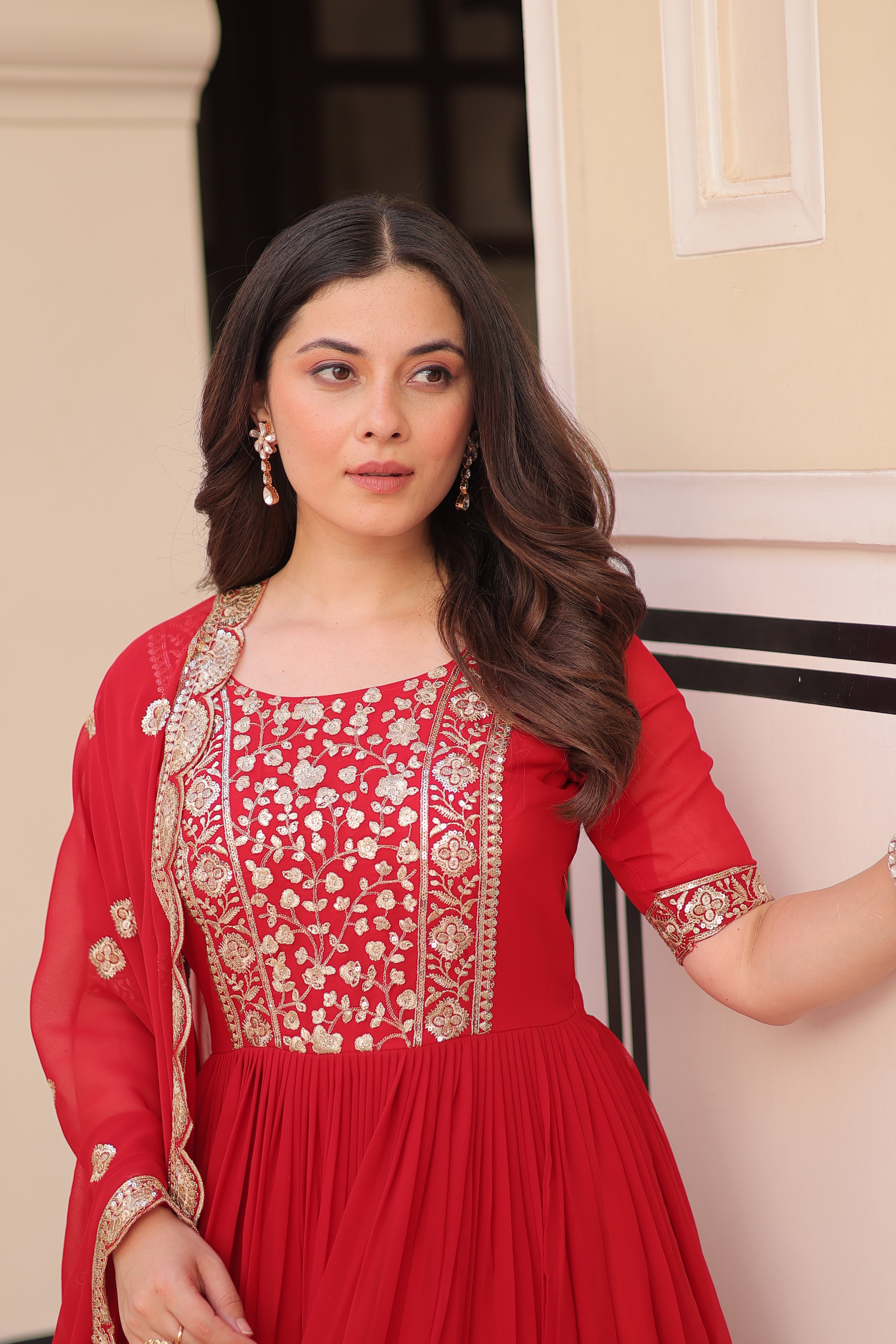 Women’s Red Georgette Gown – Elegant Designer Party Wear