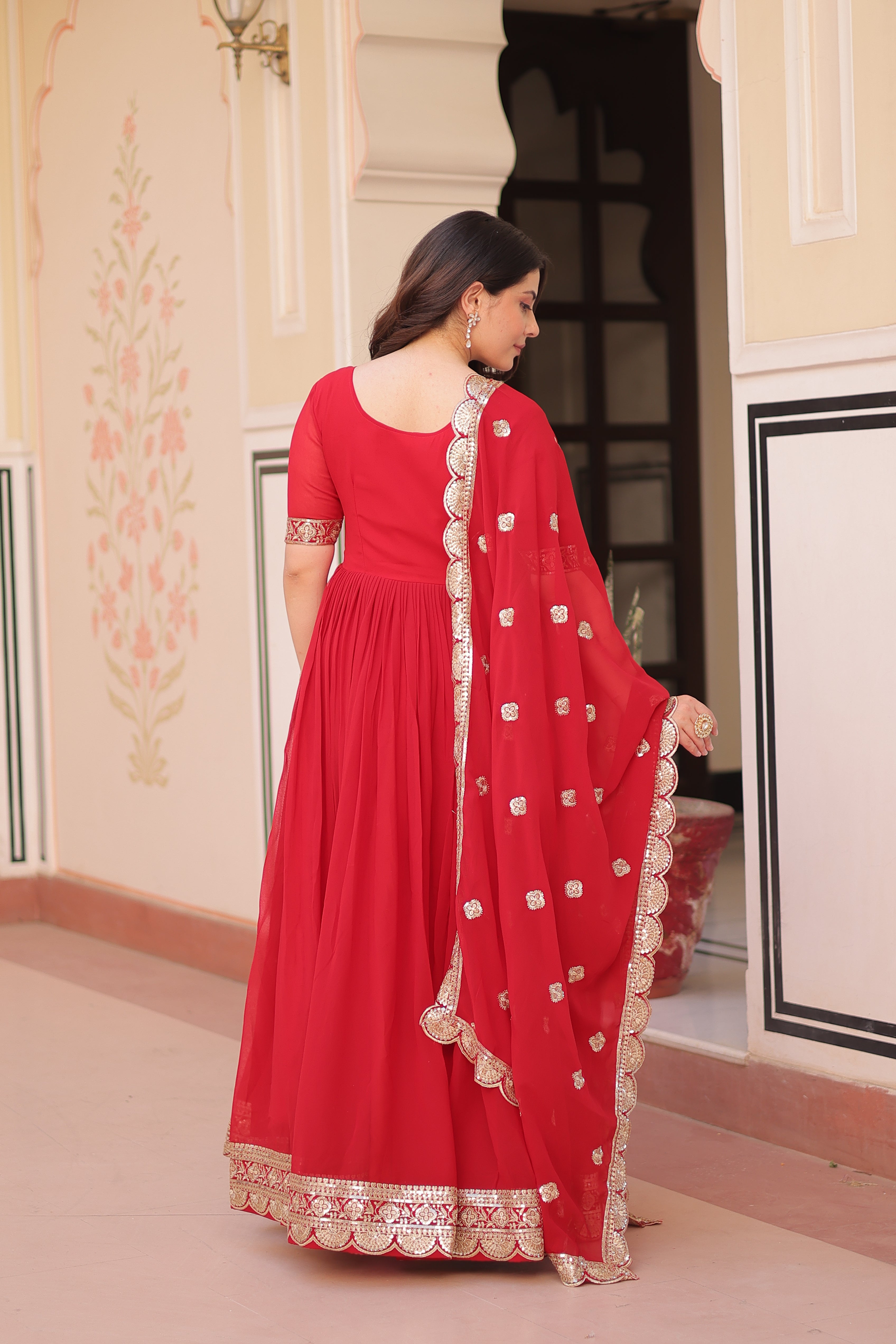 Women’s Red Georgette Gown – Elegant Designer Party Wear