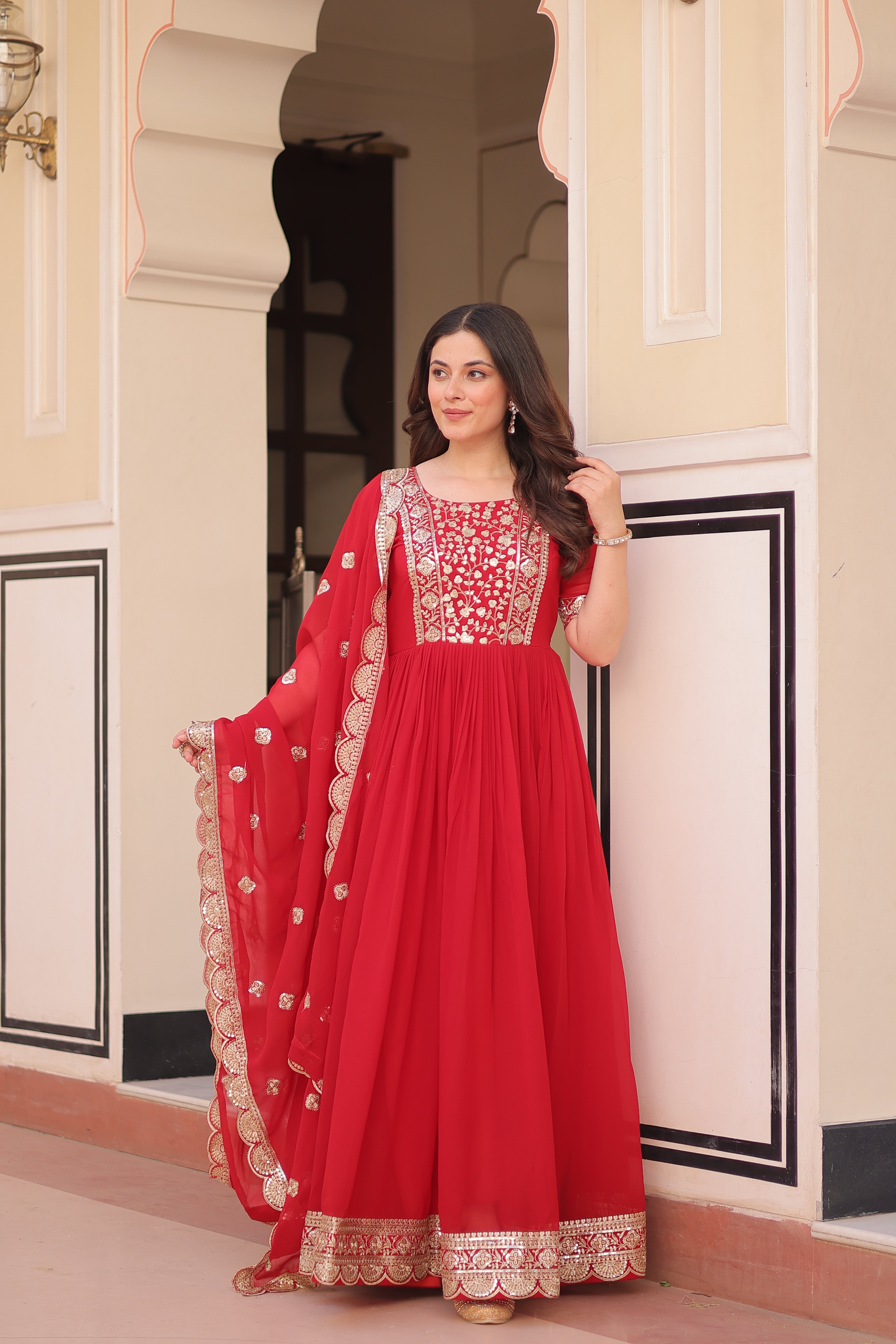 Women’s Red Georgette Gown – Elegant Designer Party Wear