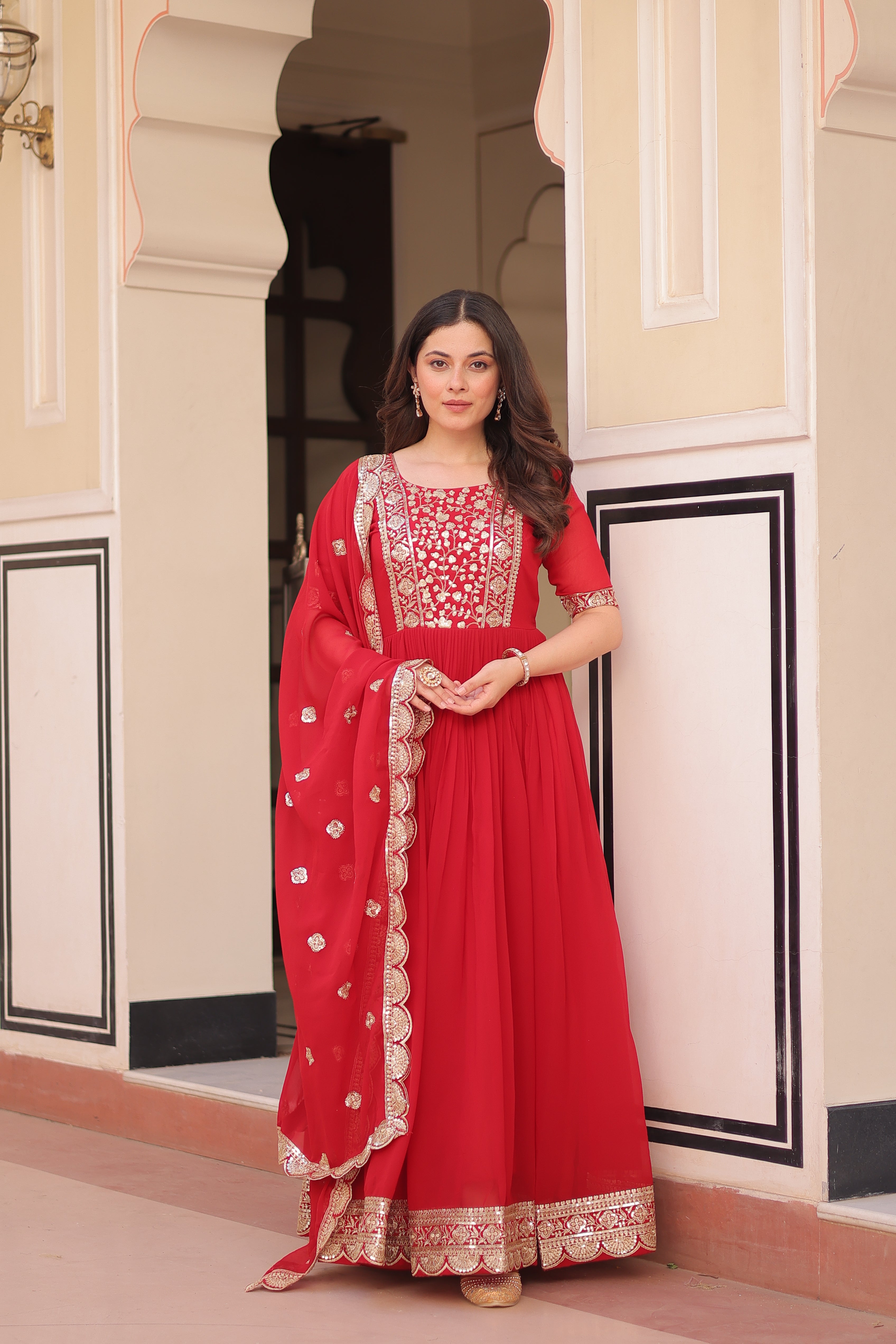 Women’s Red Georgette Gown – Elegant Designer Party Wear