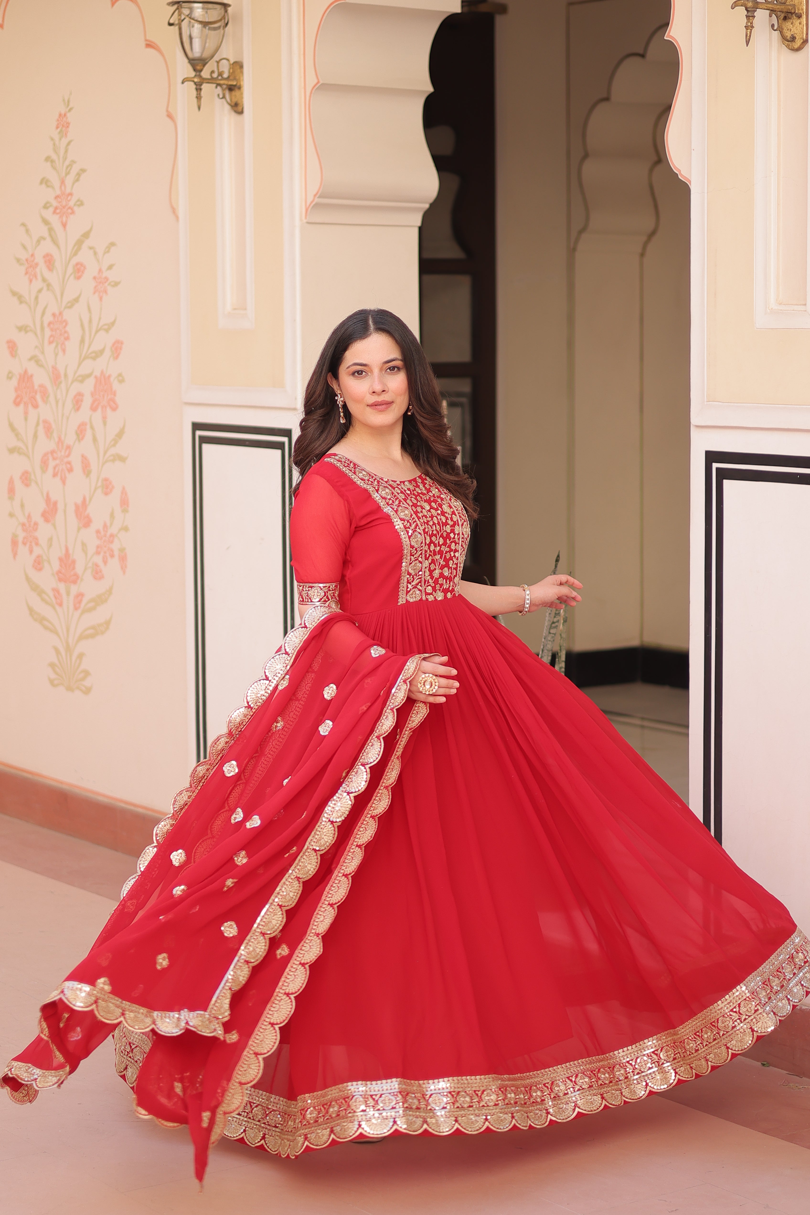 Women’s Red Georgette Gown – Elegant Designer Party Wear