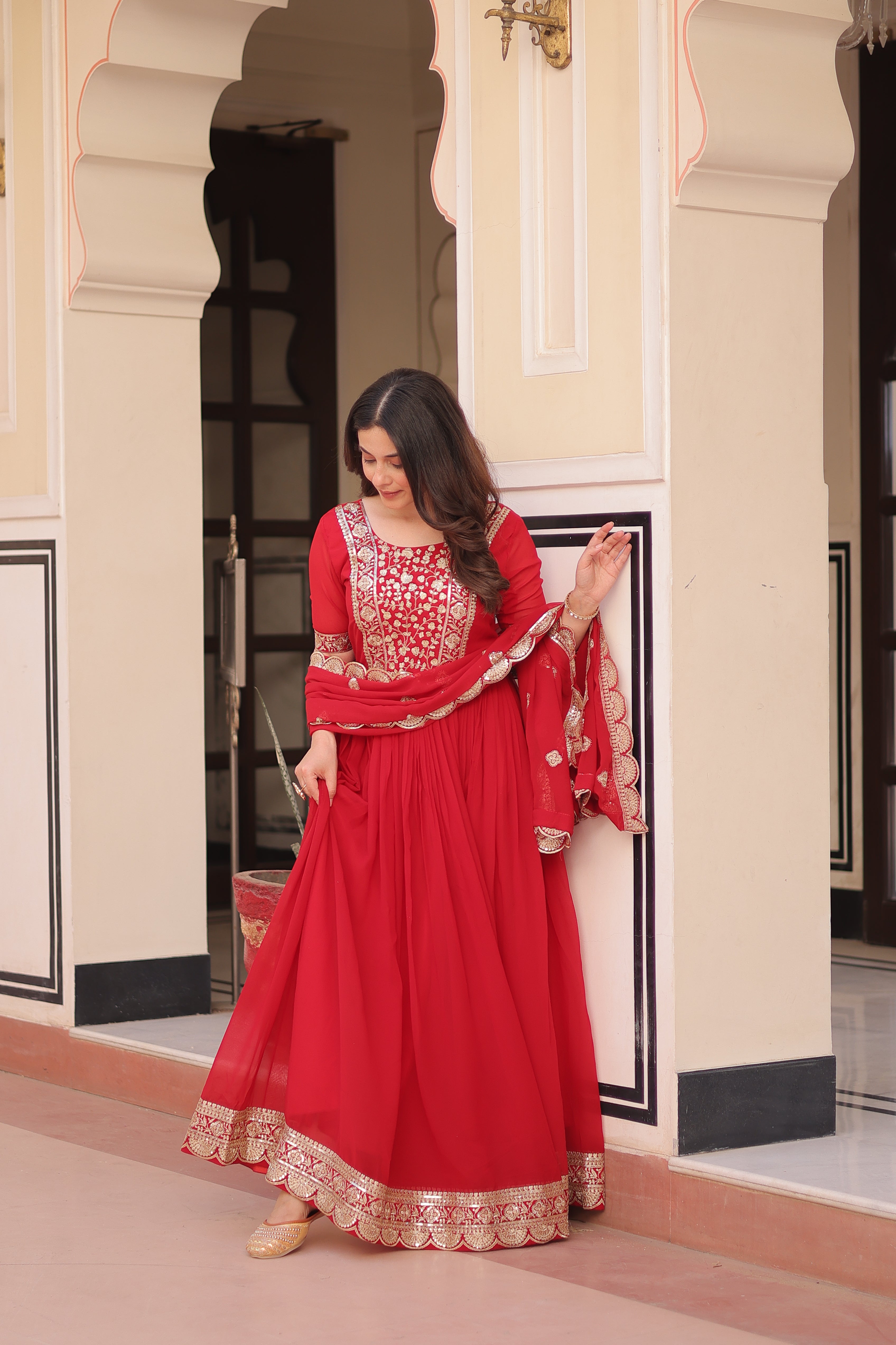 Women’s Red Georgette Gown – Elegant Designer Party Wear