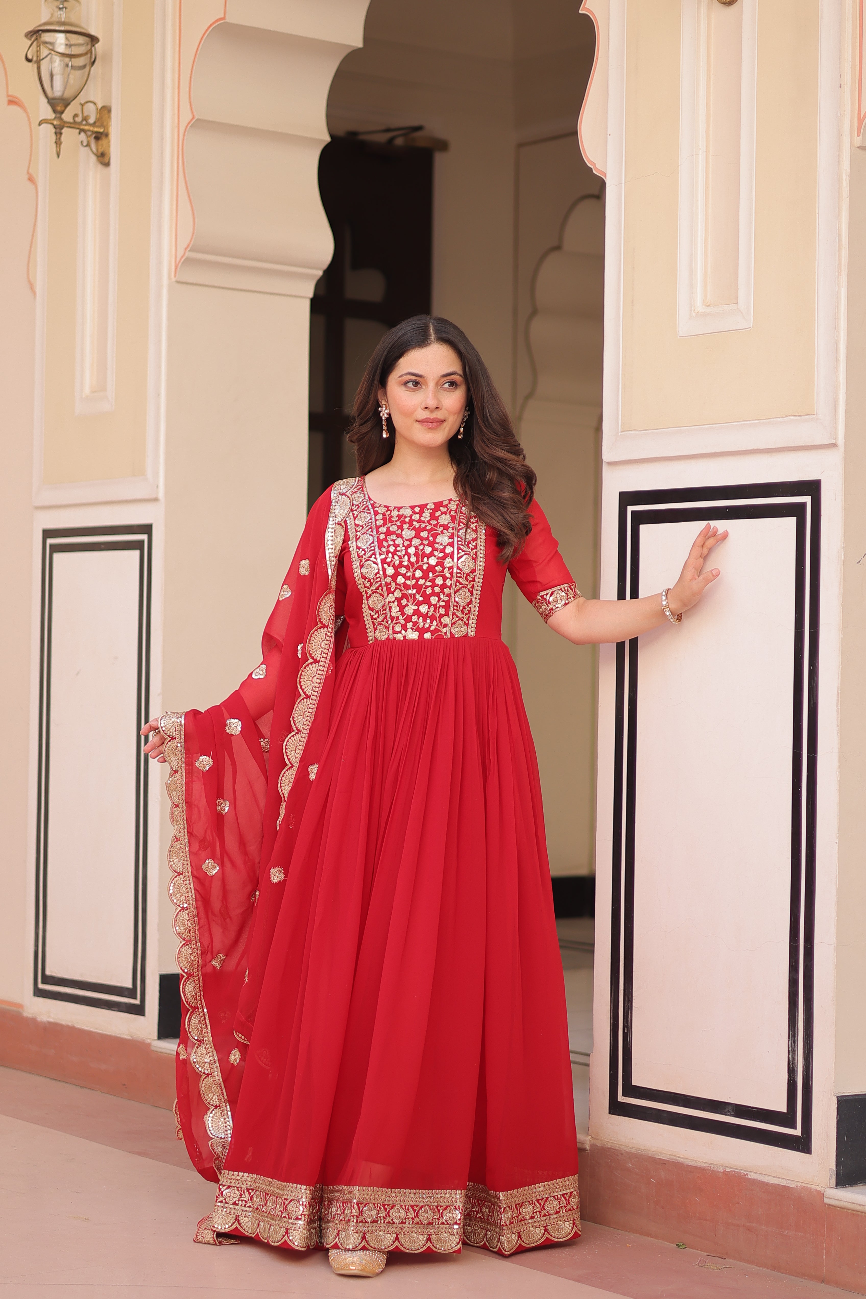 Women’s Red Georgette Gown – Elegant Designer Party Wear