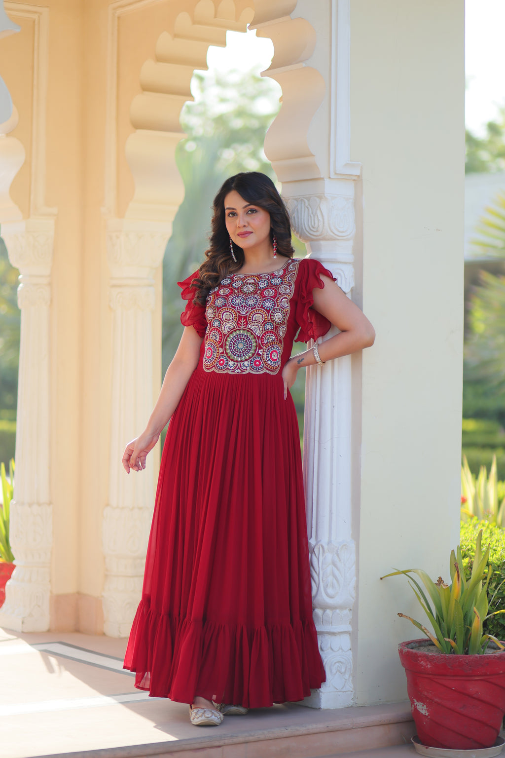 Women’s Maroon Georgette Gown with Embroidery – Elegant Designer Party Wear