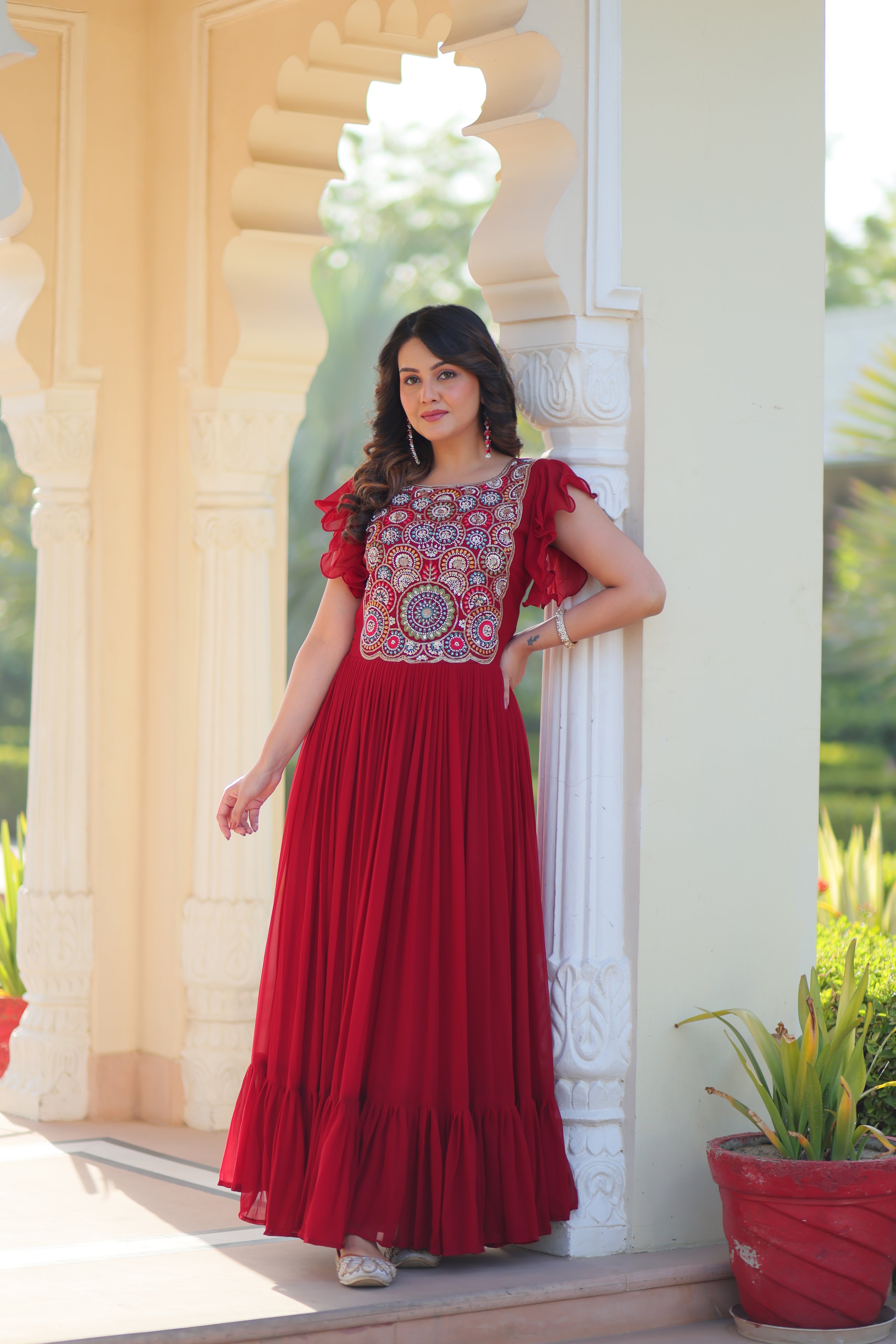 Women’s Maroon Georgette Gown with Embroidery – Elegant Designer Party Wear