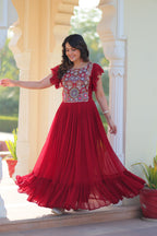 Women’s Maroon Georgette Gown with Embroidery – Elegant Designer Party Wear