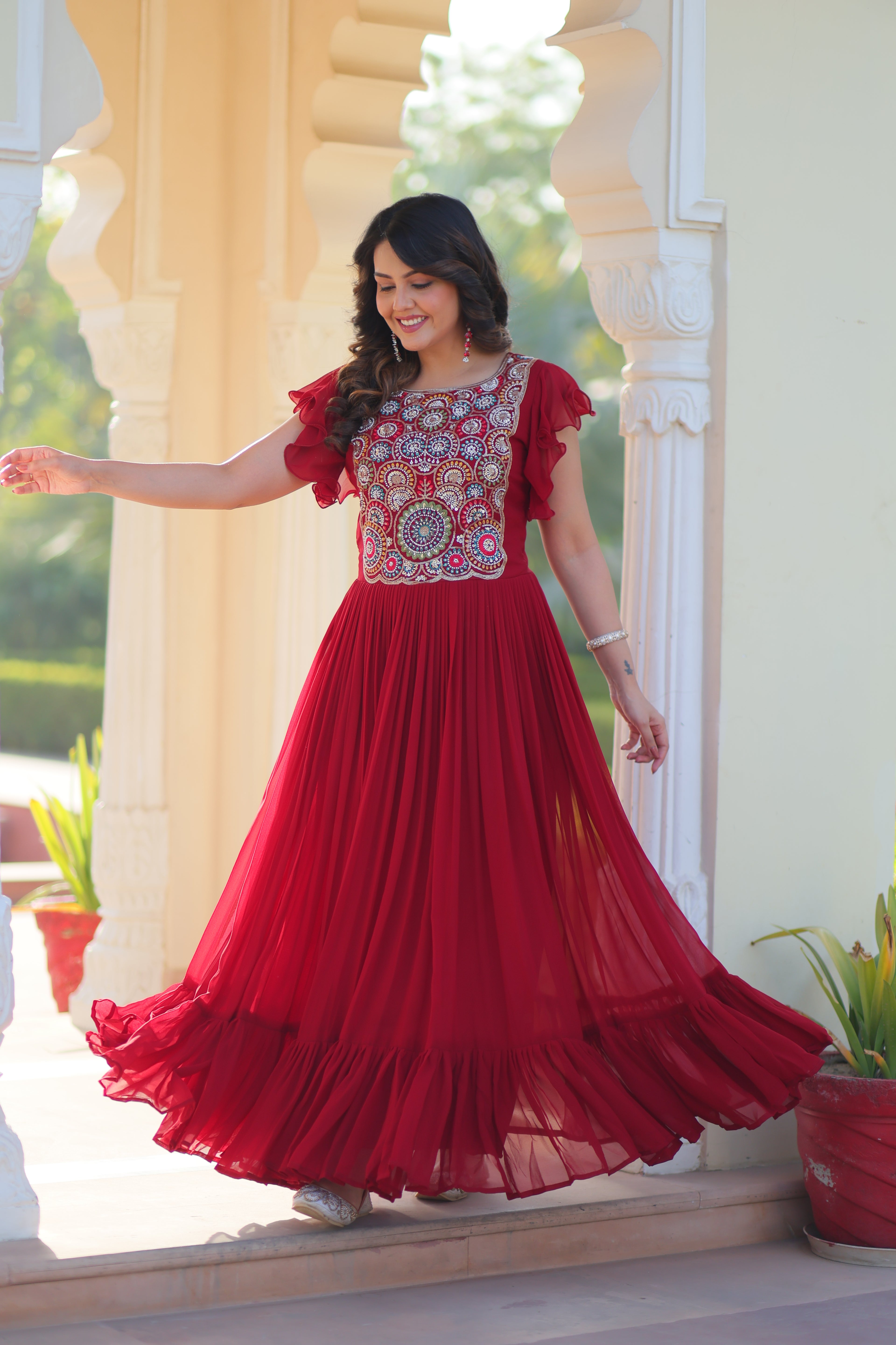 Women’s Maroon Georgette Gown with Embroidery – Elegant Designer Party Wear