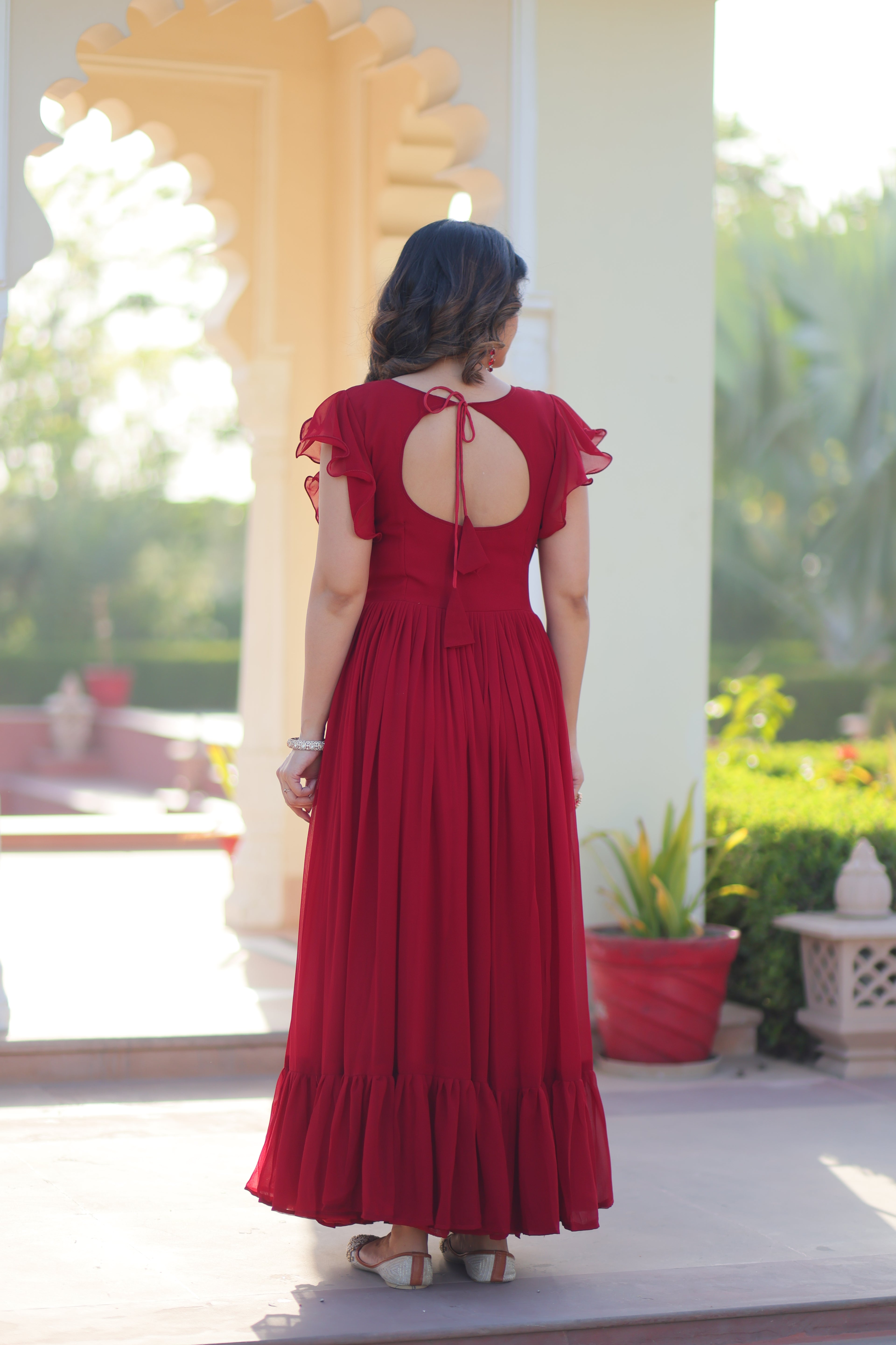 Women’s Maroon Georgette Gown with Embroidery – Elegant Designer Party Wear