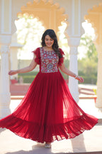 Women’s Maroon Georgette Gown with Embroidery – Elegant Designer Party Wear