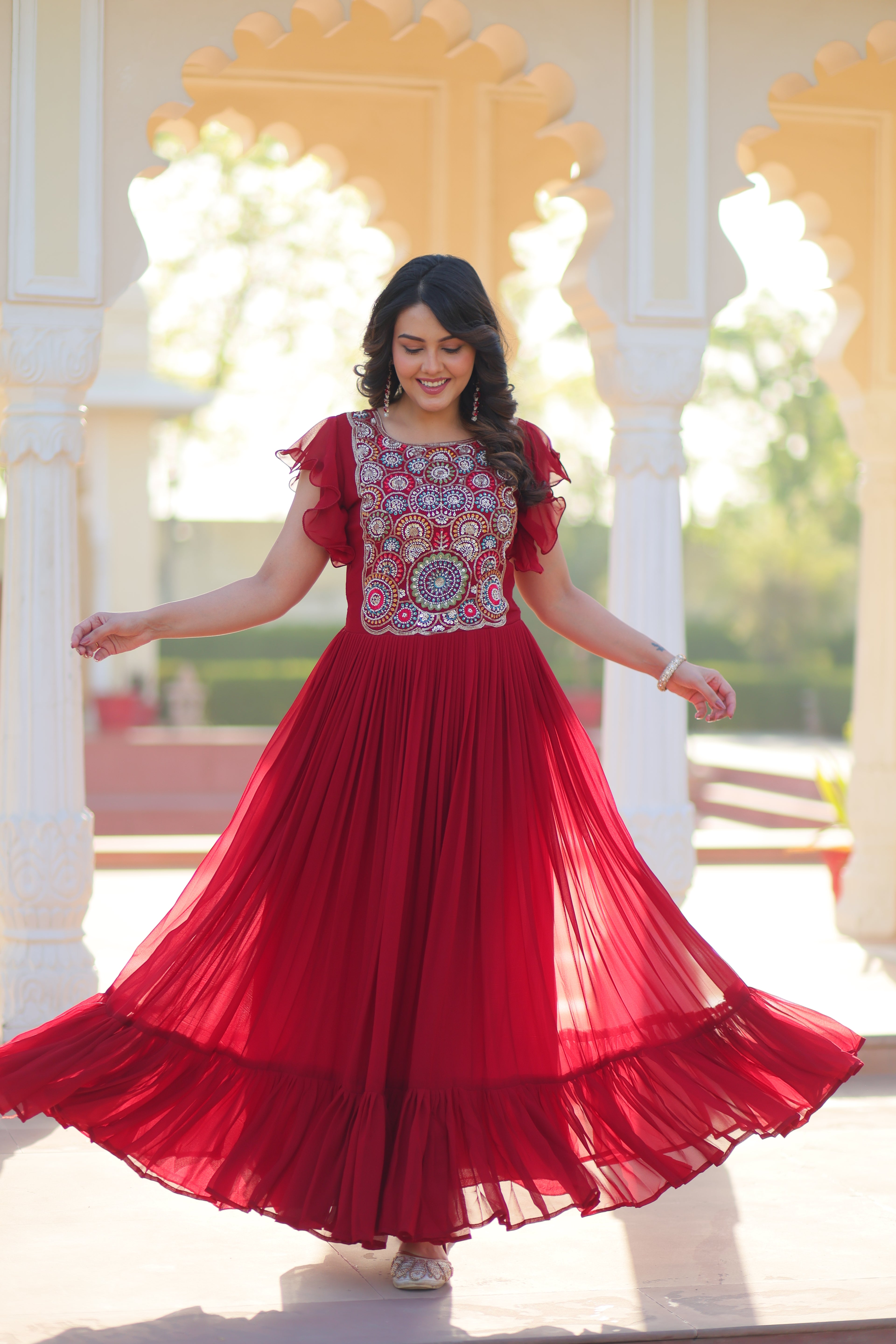 Women’s Maroon Georgette Gown with Embroidery – Elegant Designer Party Wear