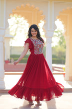Women’s Maroon Georgette Gown with Embroidery – Elegant Designer Party Wear