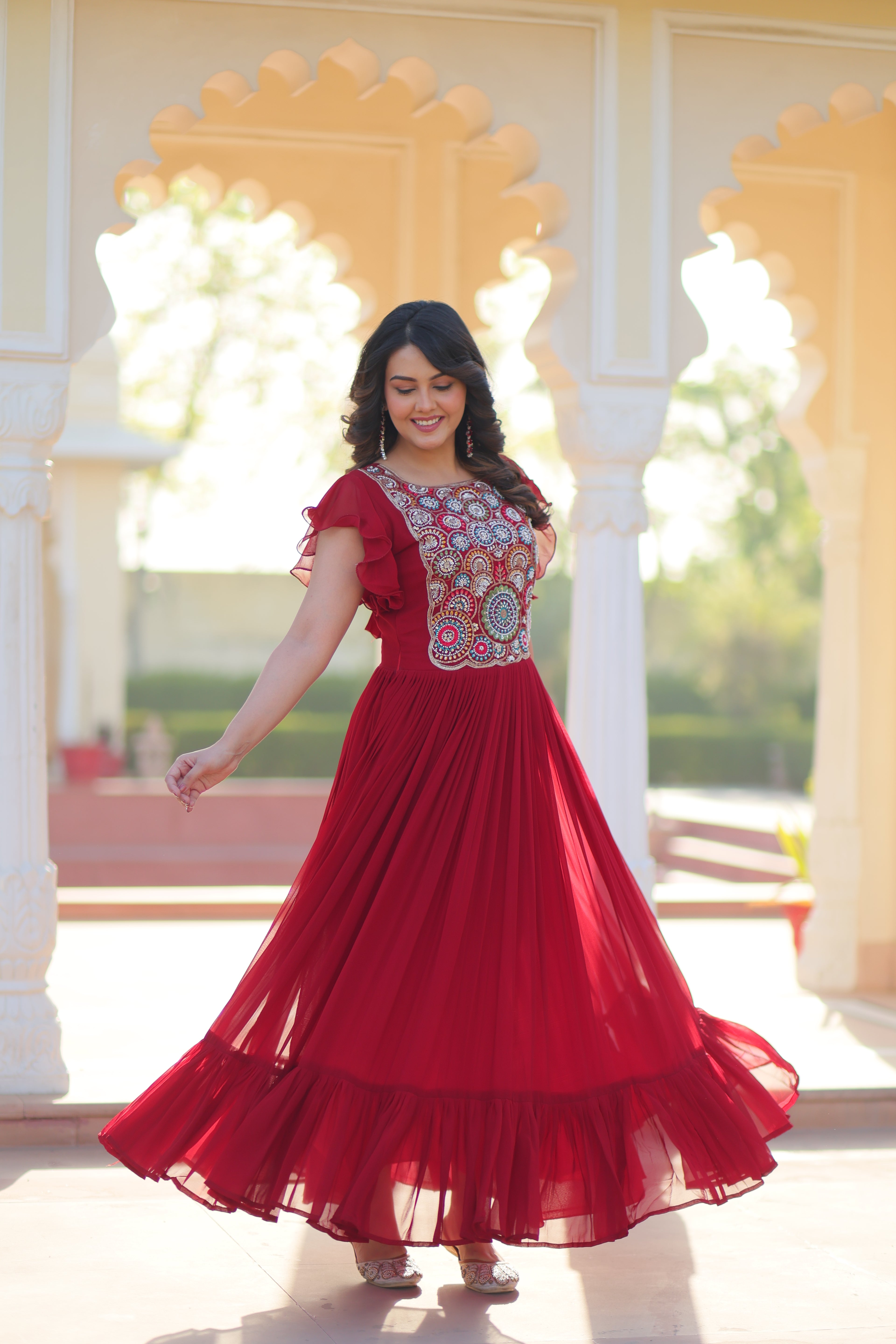 Women’s Maroon Georgette Gown with Embroidery – Elegant Designer Party Wear
