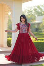 Women’s Maroon Georgette Gown with Embroidery – Elegant Designer Party Wear
