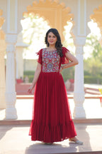 Women’s Maroon Georgette Gown with Embroidery – Elegant Designer Party Wear