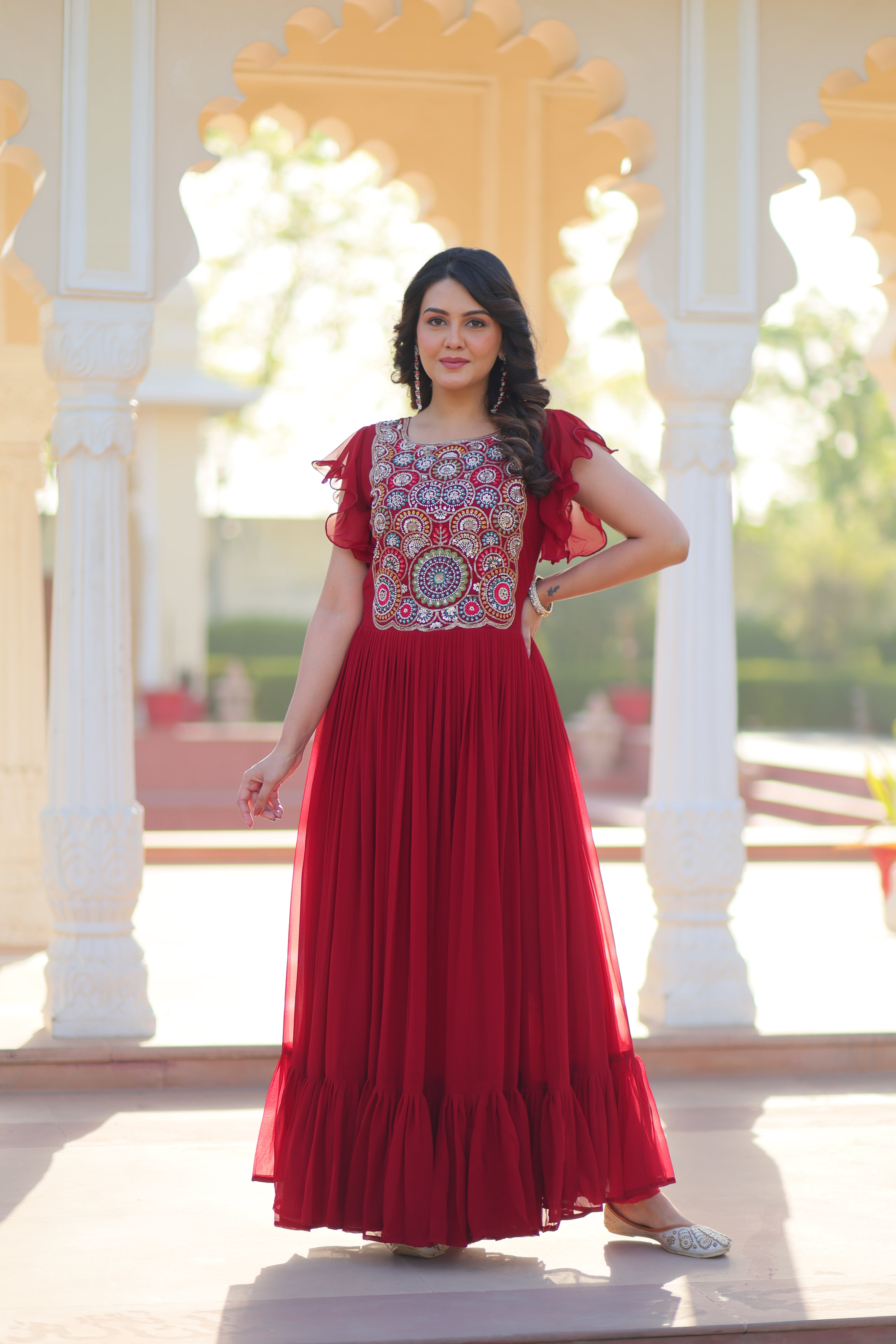 Women’s Maroon Georgette Gown with Embroidery – Elegant Designer Party Wear