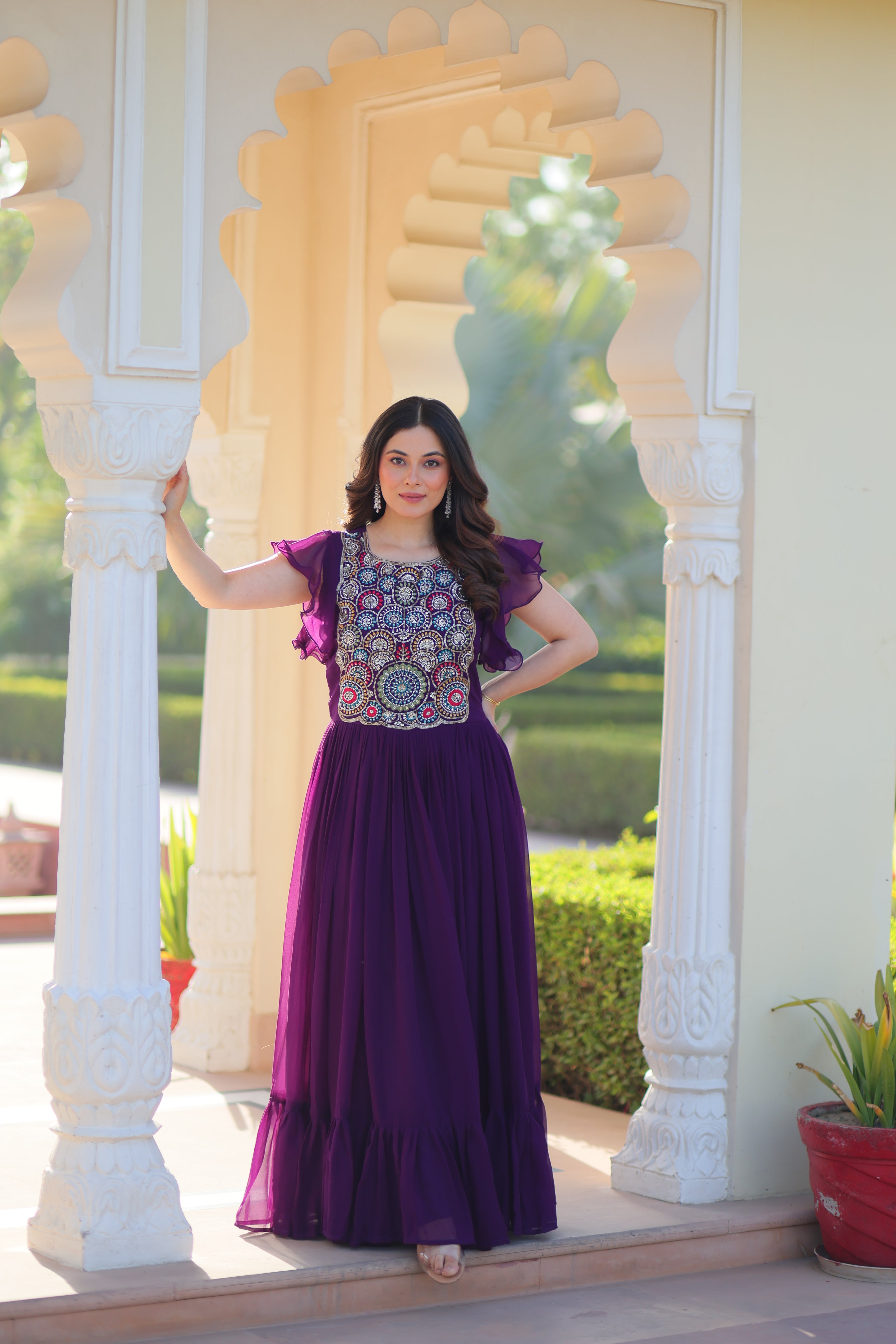 Women’s Purple Georgette Gown with Embroidery – Elegant Designer Party Wear