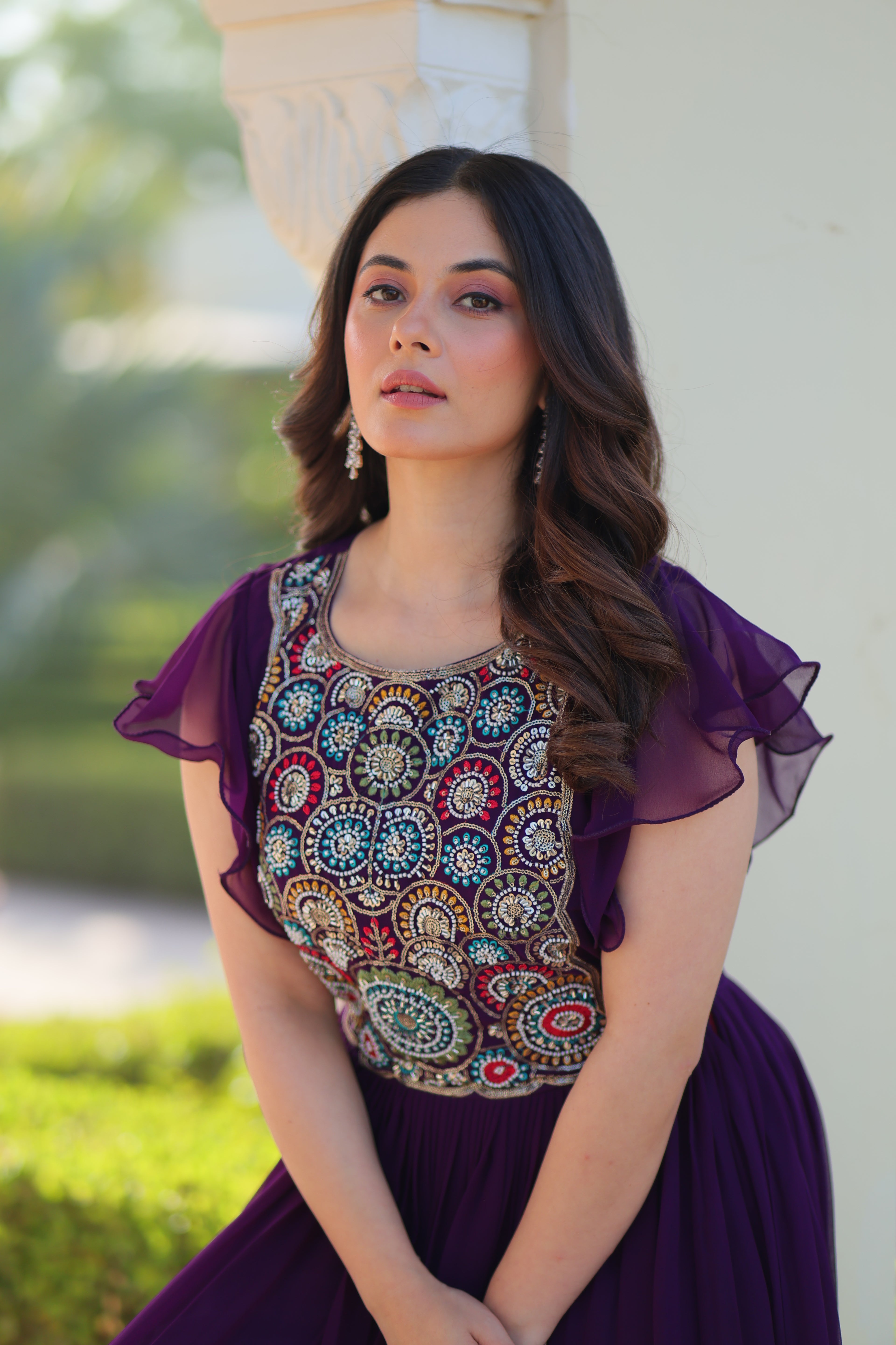 Women’s Purple Georgette Gown with Embroidery – Elegant Designer Party Wear