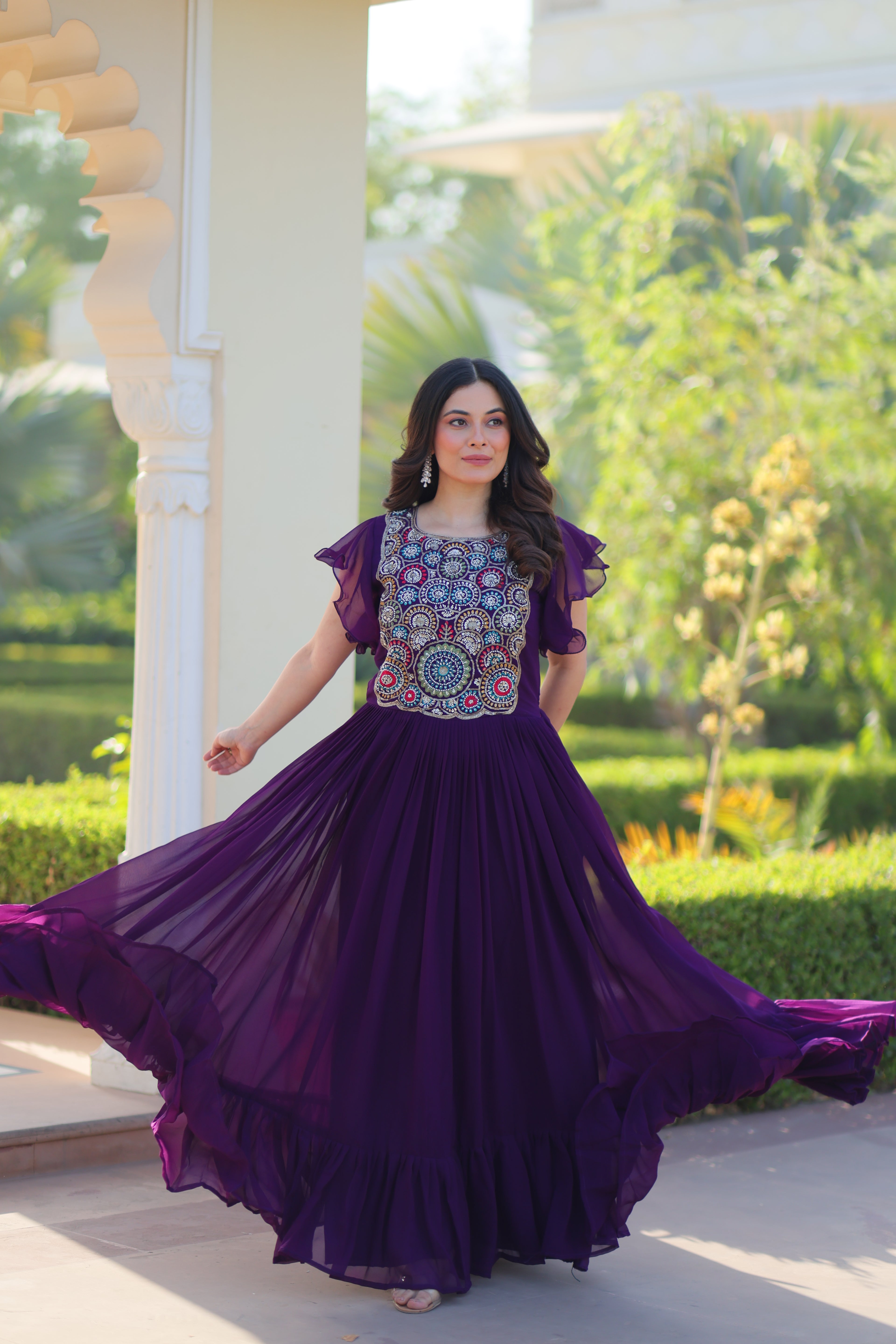 Women’s Purple Georgette Gown with Embroidery – Elegant Designer Party Wear