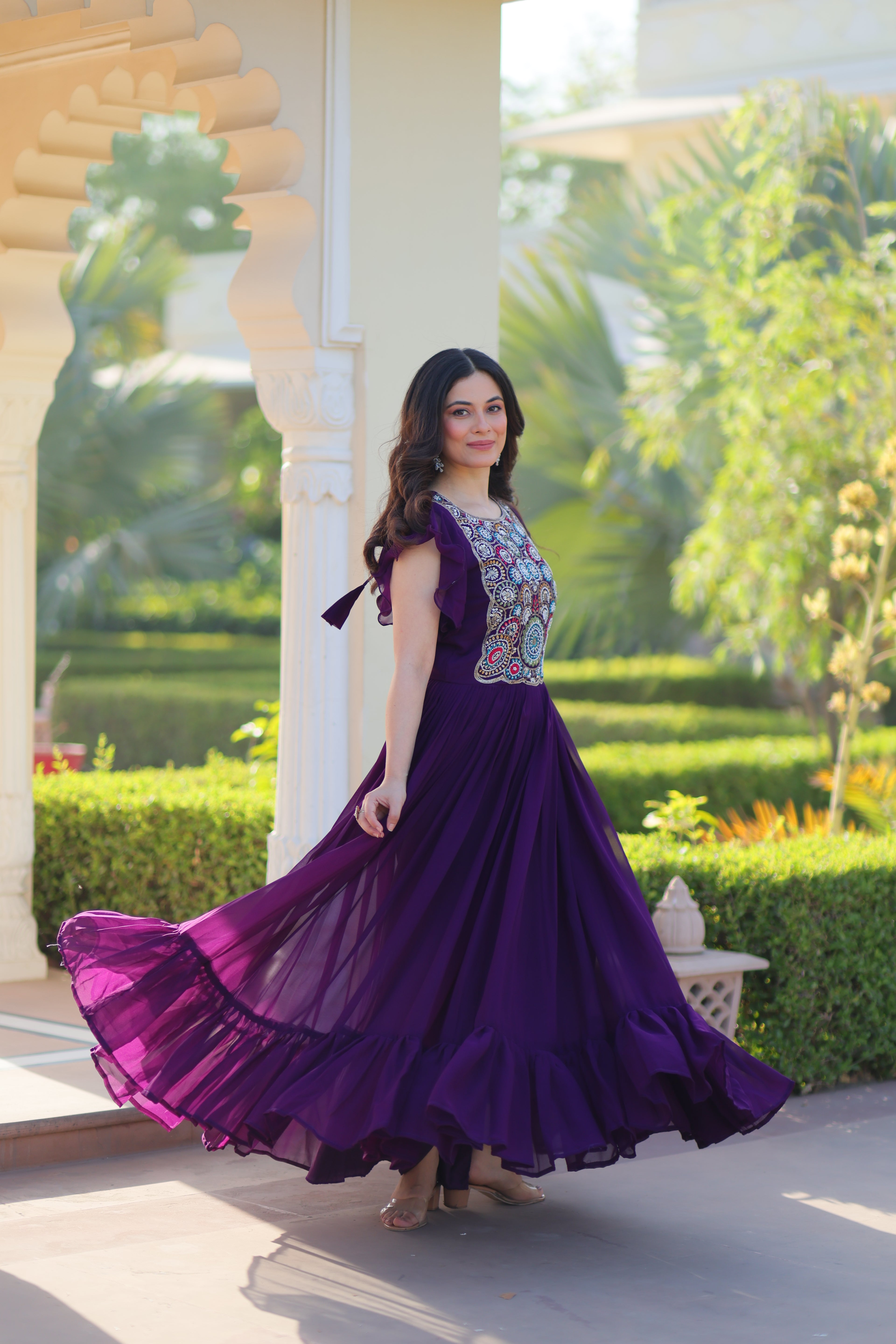 Women’s Purple Georgette Gown with Embroidery – Elegant Designer Party Wear