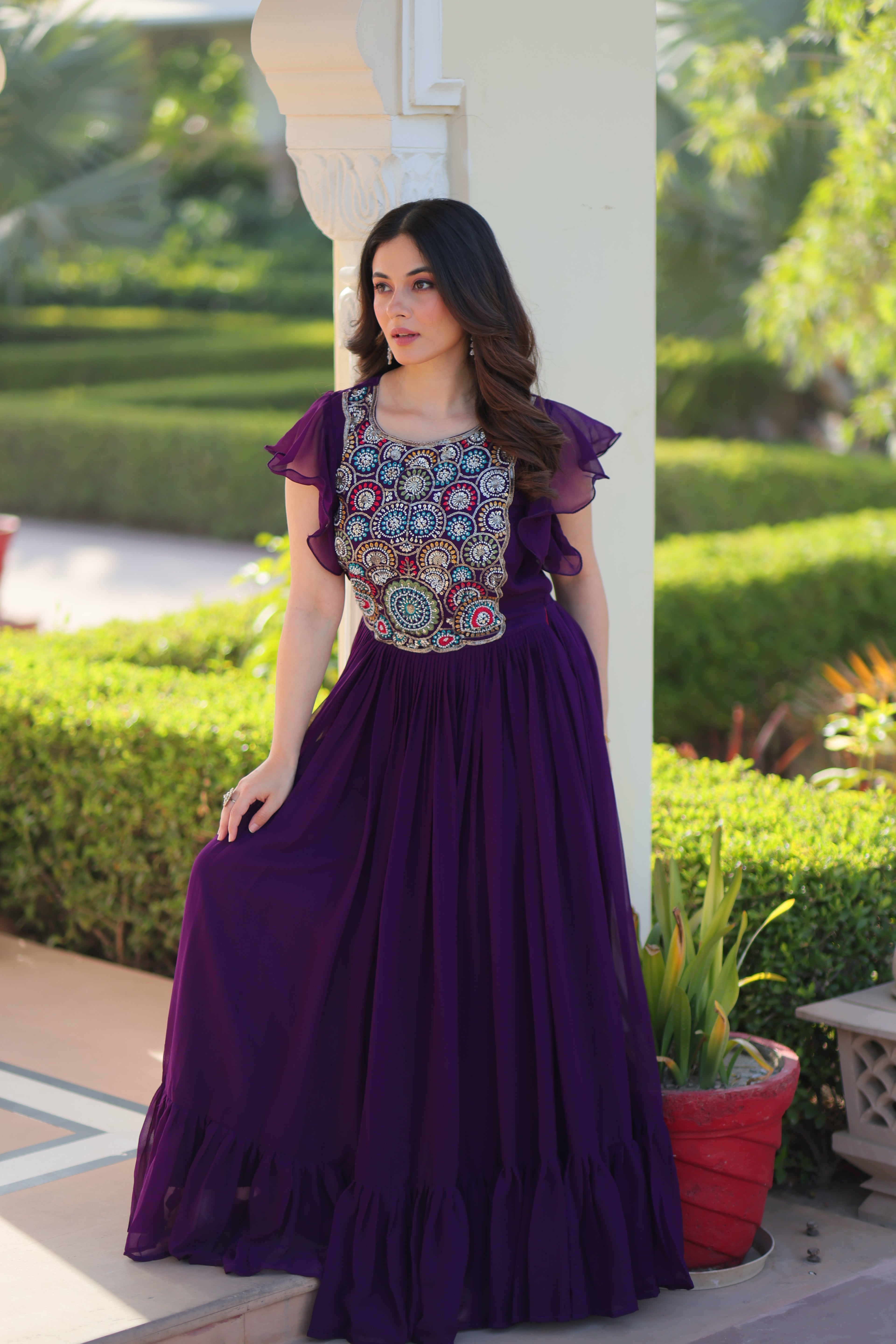 Women’s Purple Georgette Gown with Embroidery – Elegant Designer Party Wear