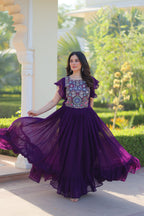 Women’s Purple Georgette Gown with Embroidery – Elegant Designer Party Wear
