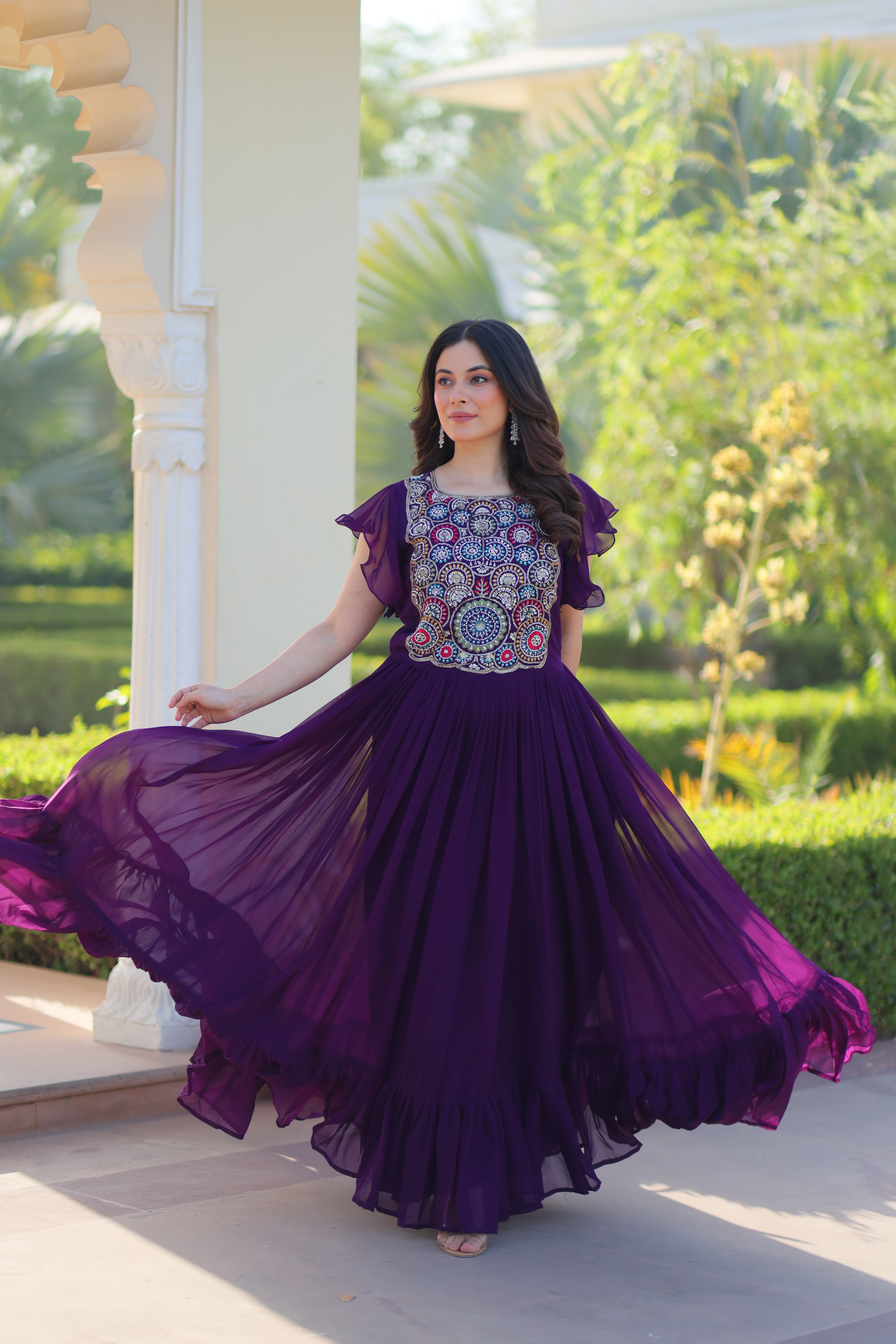 Women’s Purple Georgette Gown with Embroidery – Elegant Designer Party Wear