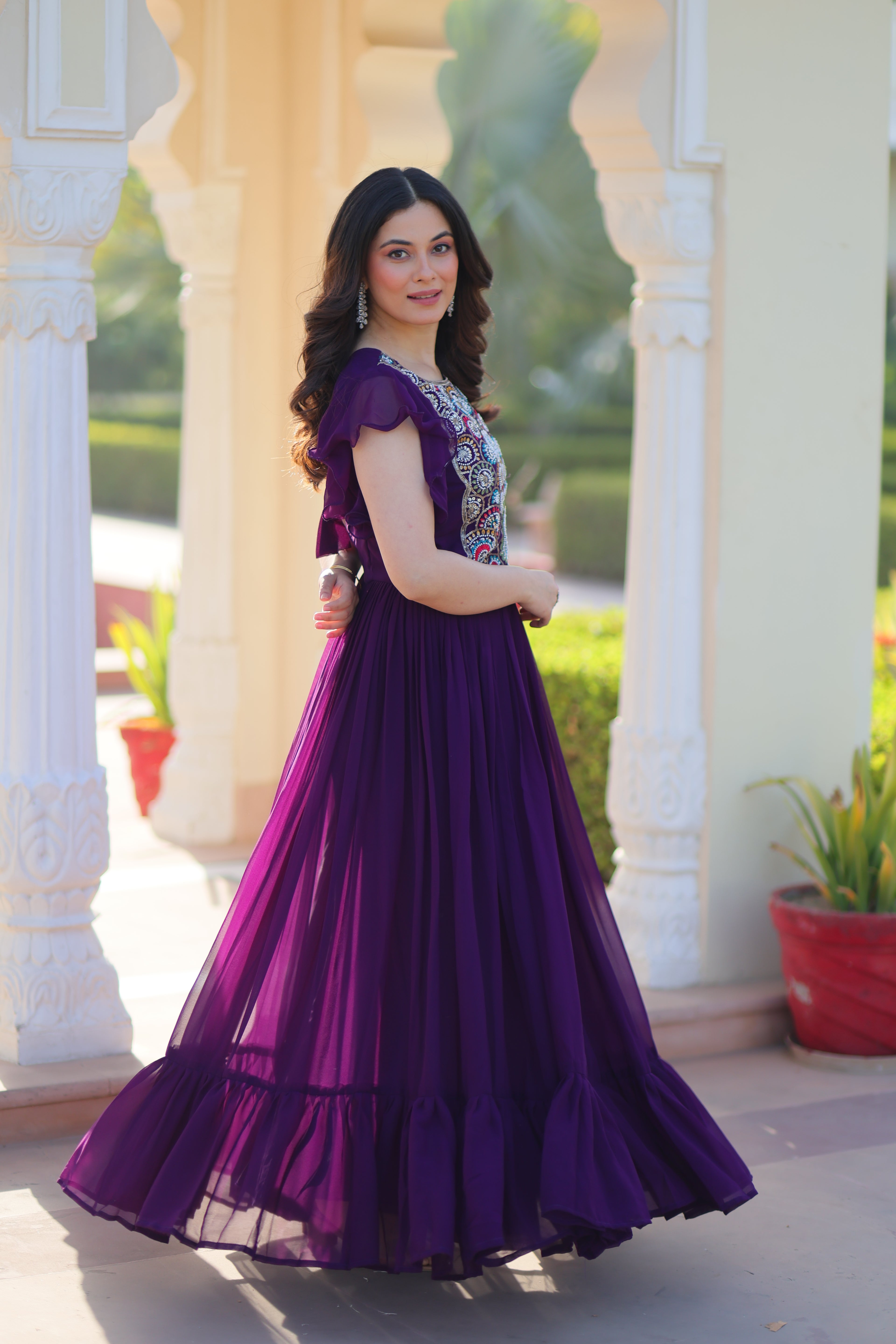 Women’s Purple Georgette Gown with Embroidery – Elegant Designer Party Wear