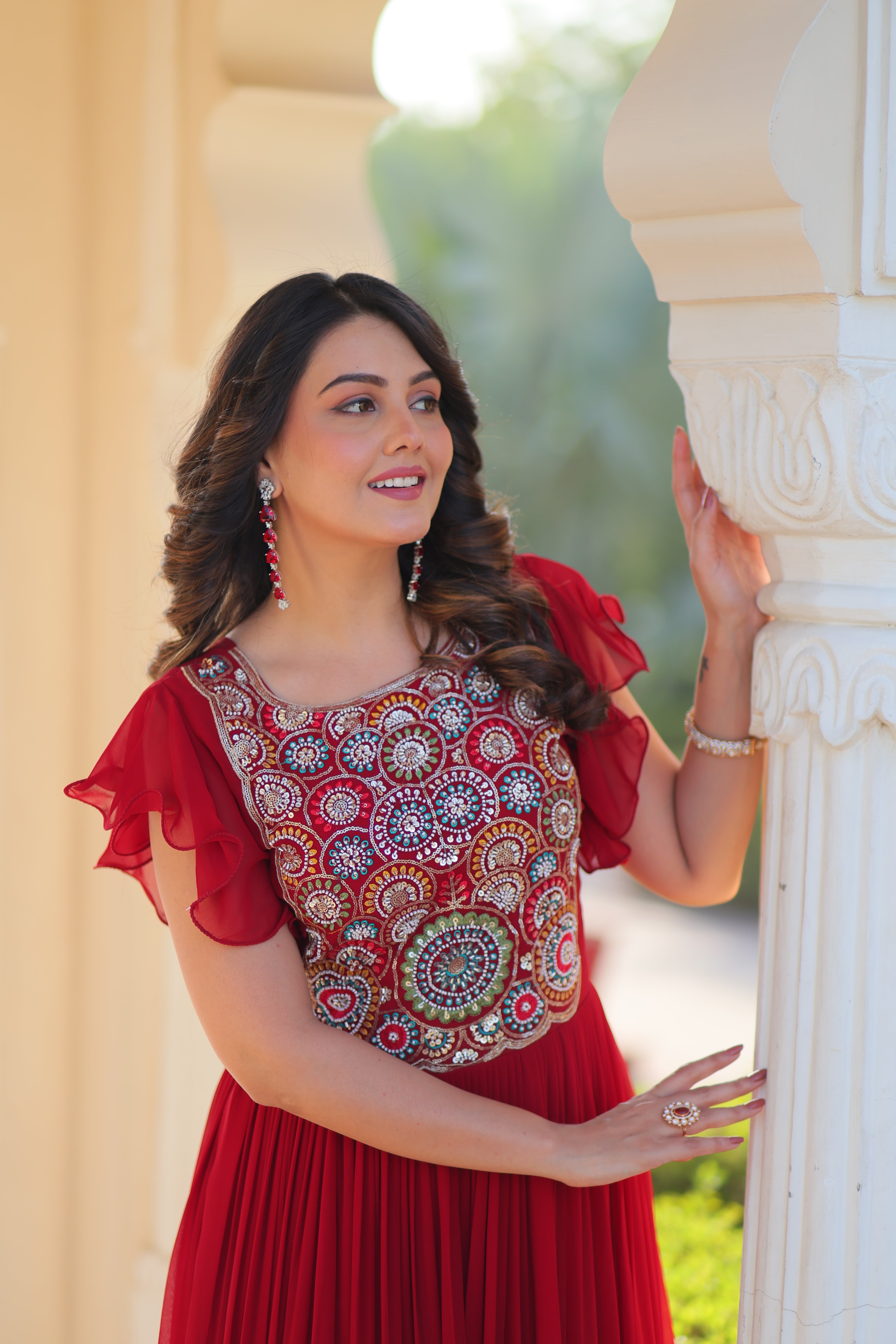 Women’s Maroon Georgette Gown with Embroidery – Elegant Designer Party Wear
