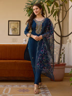 Women’s Navy Blue Embroidered Salwar Suit Set with Floral Dupatta & Three-Quarter Sleeves