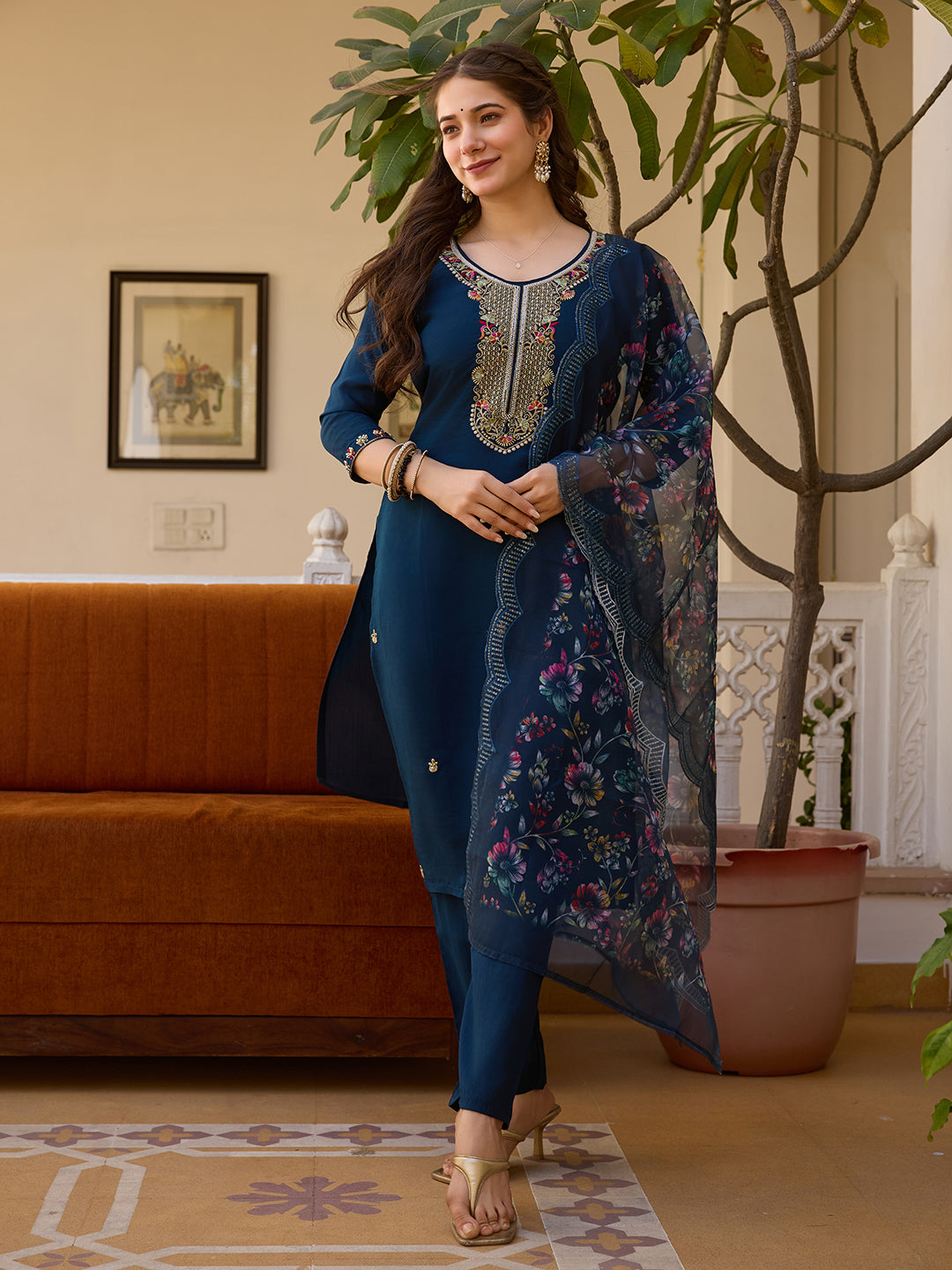 Women’s Navy Blue Embroidered Salwar Suit Set with Floral Dupatta & Three-Quarter Sleeves