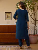Women’s Navy Blue Embroidered Salwar Suit Set with Floral Dupatta & Three-Quarter Sleeves