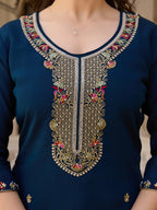 Women’s Navy Blue Embroidered Salwar Suit Set with Floral Dupatta & Three-Quarter Sleeves